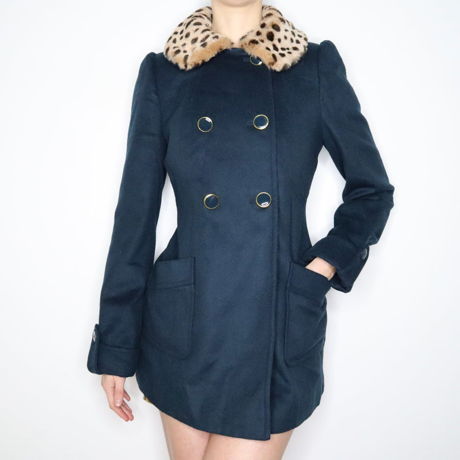 Y2K BETSEY JOHNSON Cheetah Faux Fur Collar Princess Coat (S)