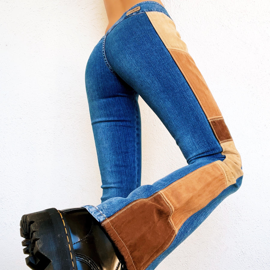 Faux Suede Patchwork Jeans (XS)