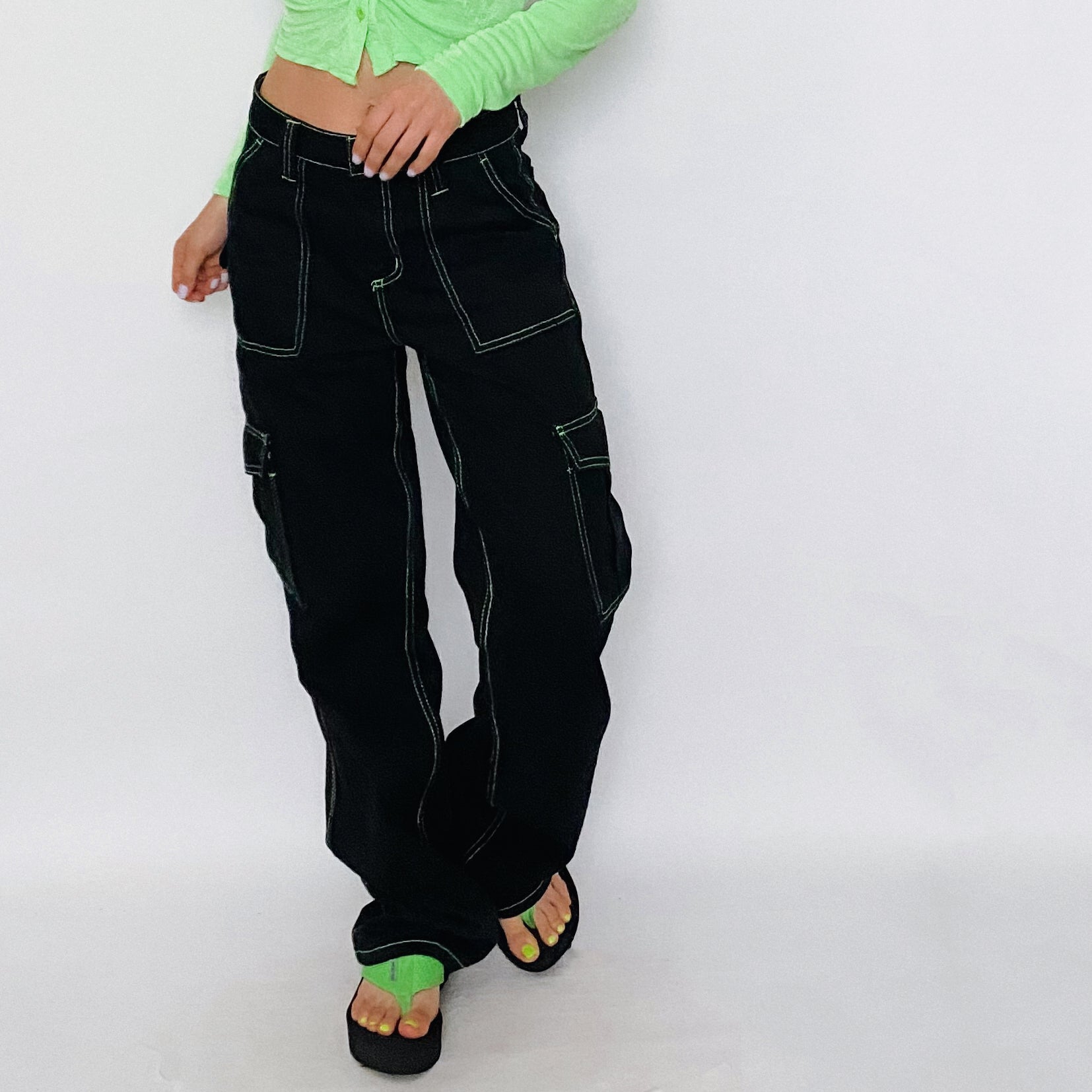 lime stitched cargos - size medium
