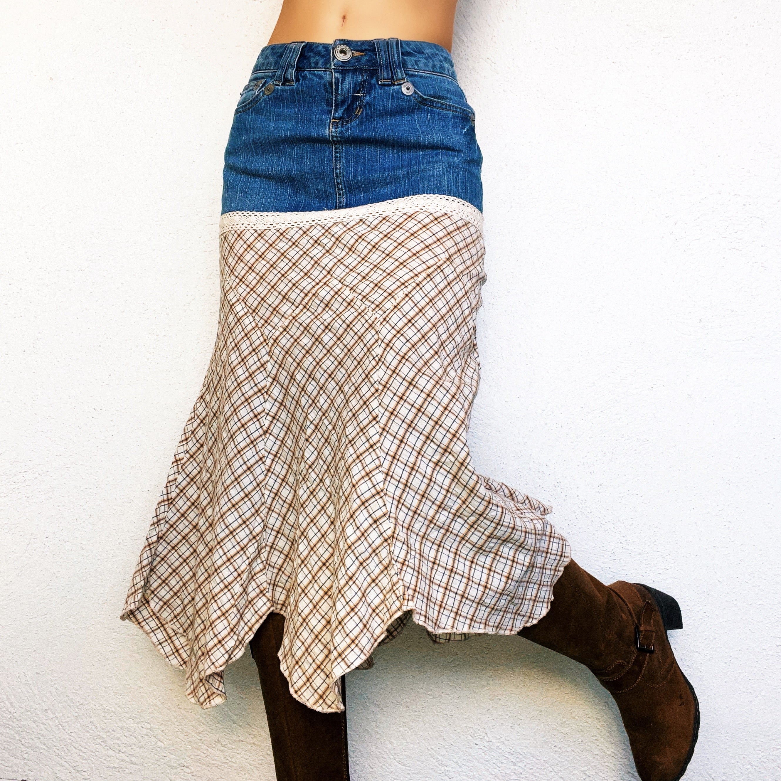 Denim & Plaid Midi Skirt