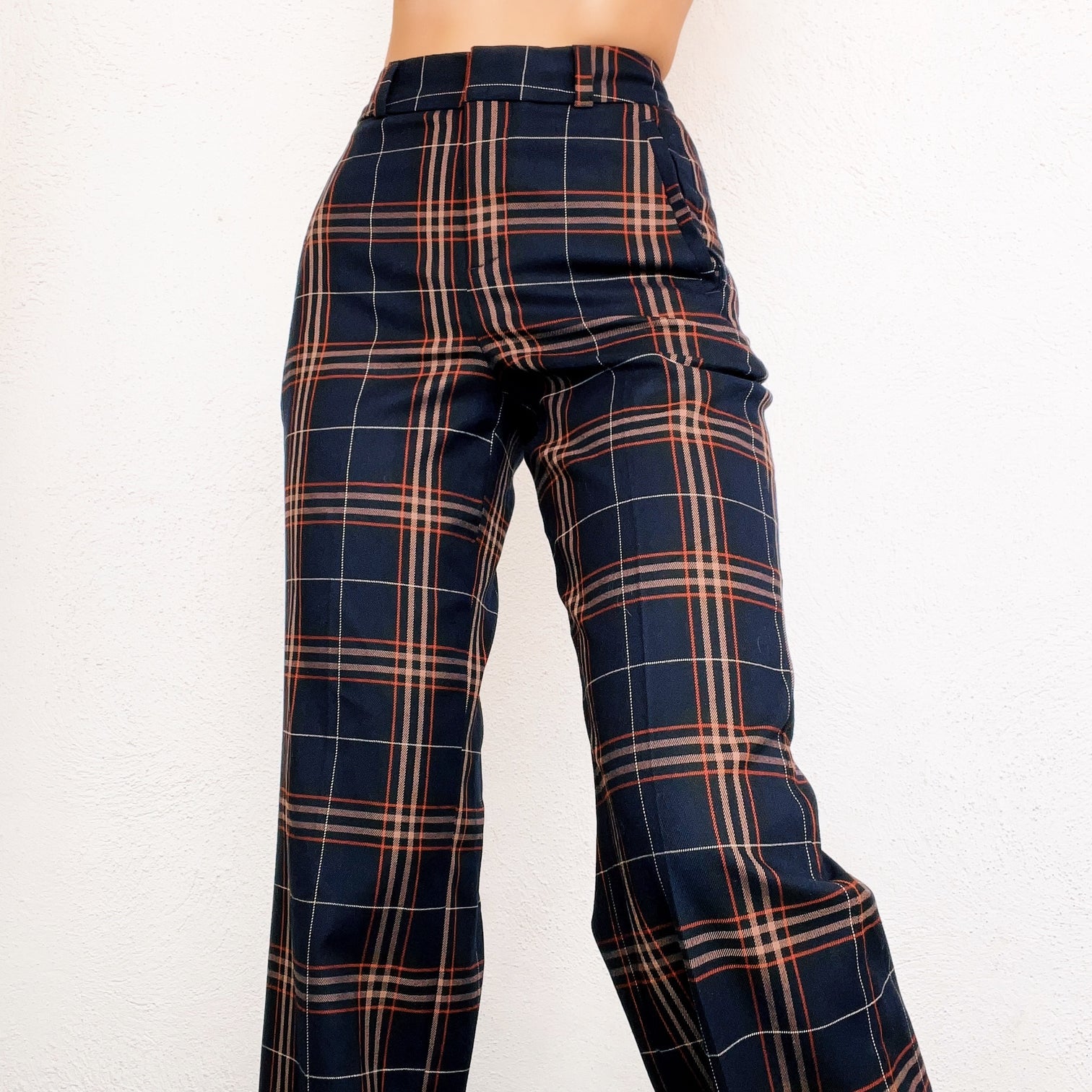 Navy Plaid High Waisted Pants