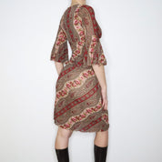 Y2K Boho Paisley Mesh Midi Dress (S/M)