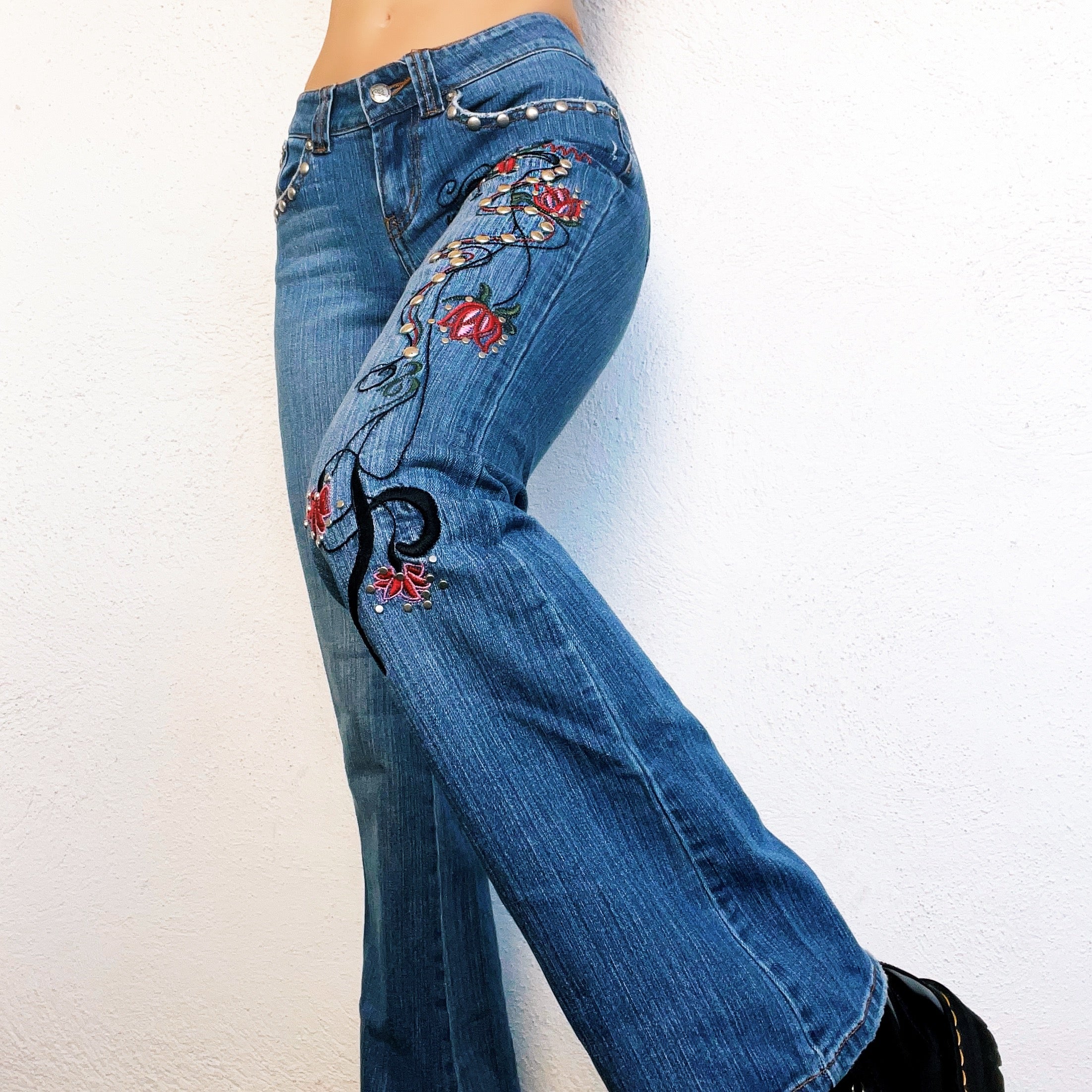 Studded Floral Flare Jeans