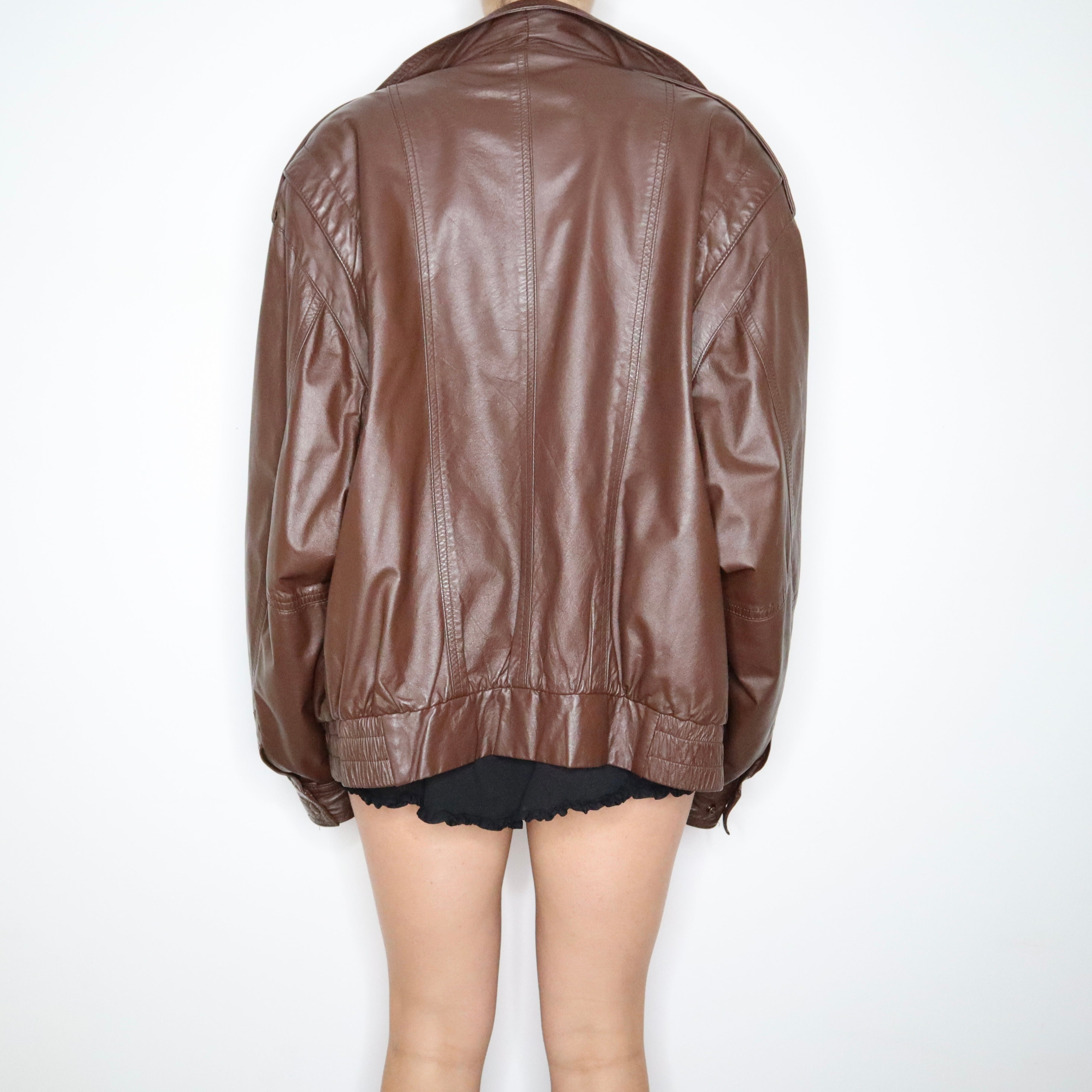 80s Oversized Brown Leather Bomber Jacket (XL/XXL) – Holy Thrift