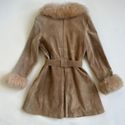 Vintage belted suede & faux fur trim coat - S/M