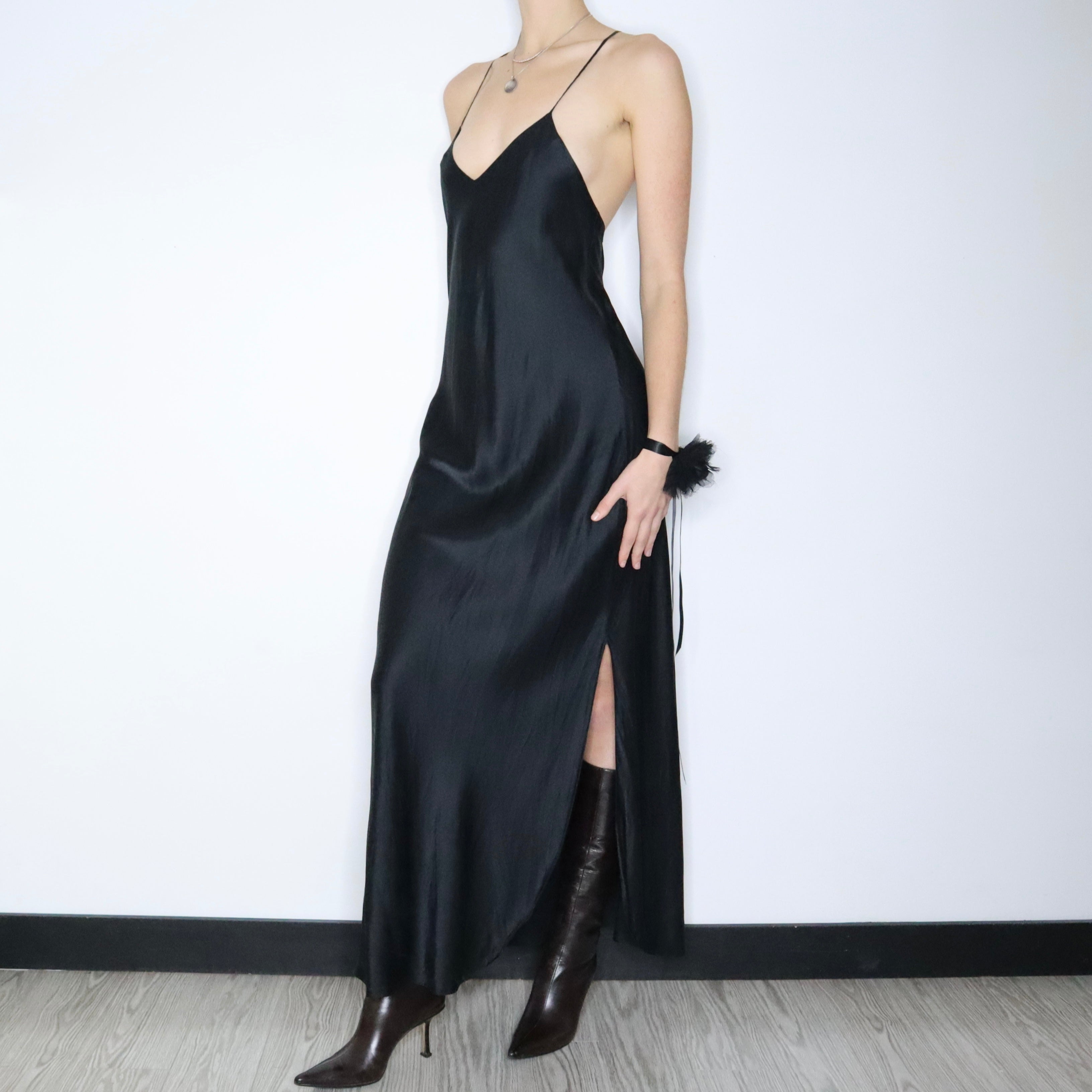 90s Sexy Black Silk Slip Dress (M)