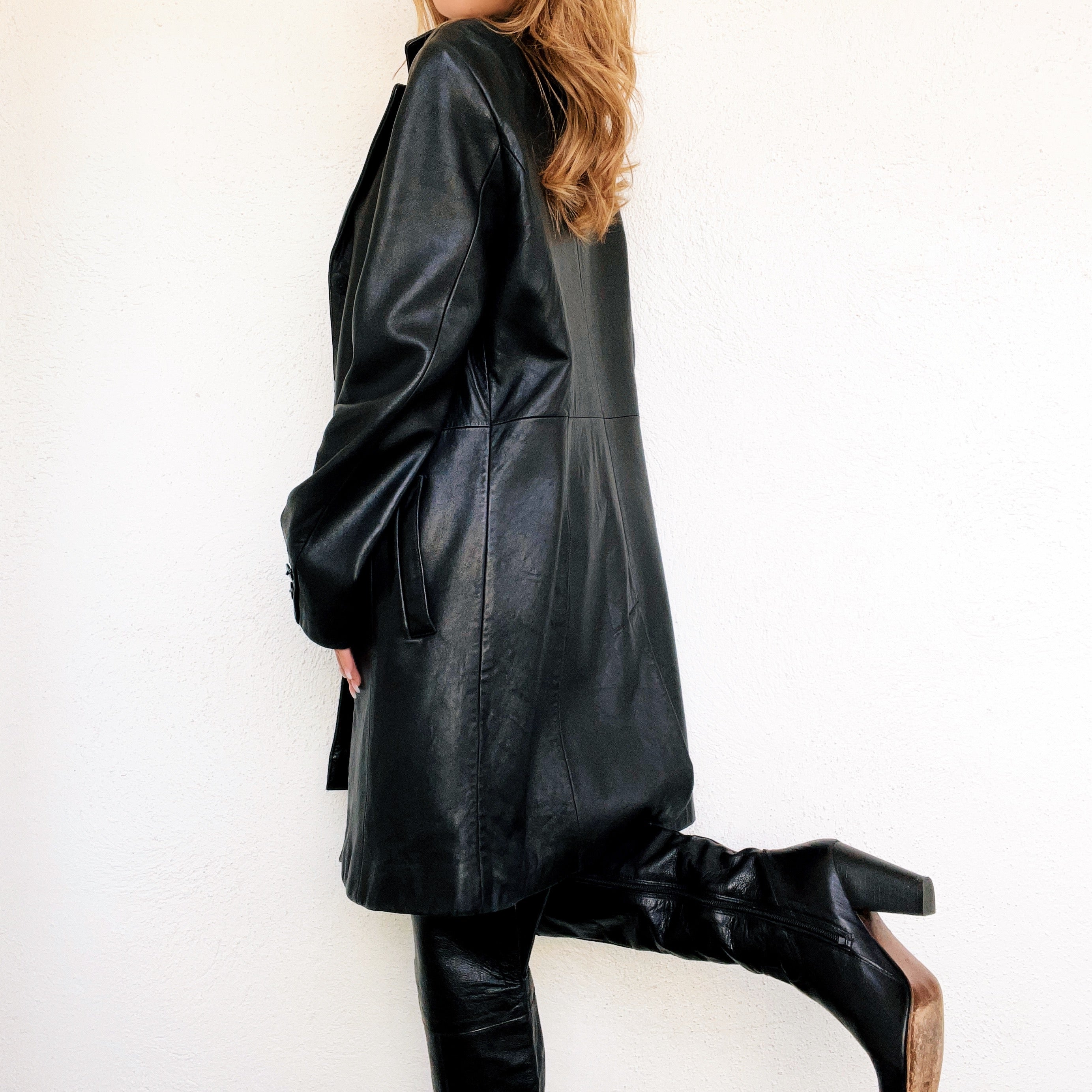 Vintage Black Leather Trench Coat