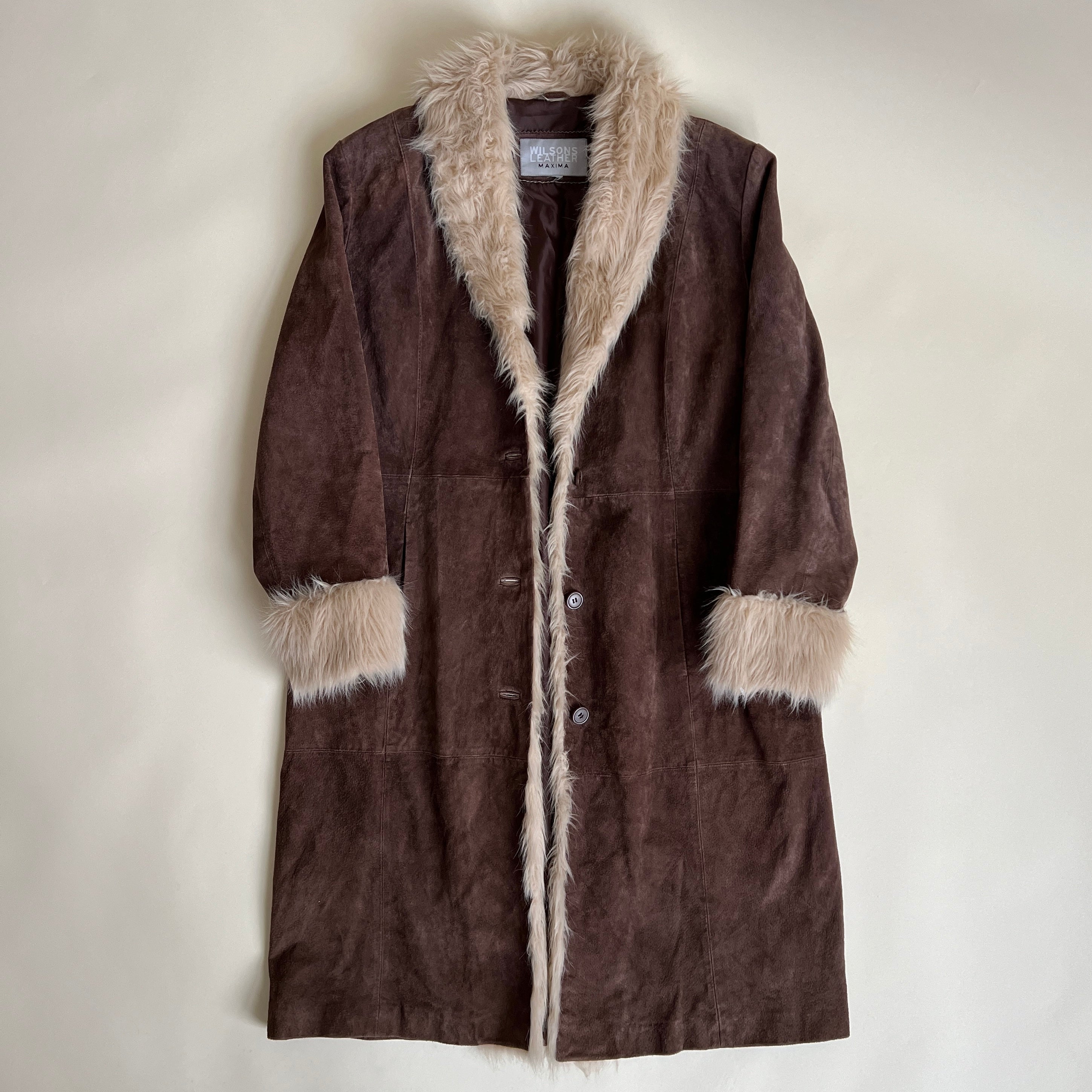 Vintage 90s brown suede + faux fur coat (XL)