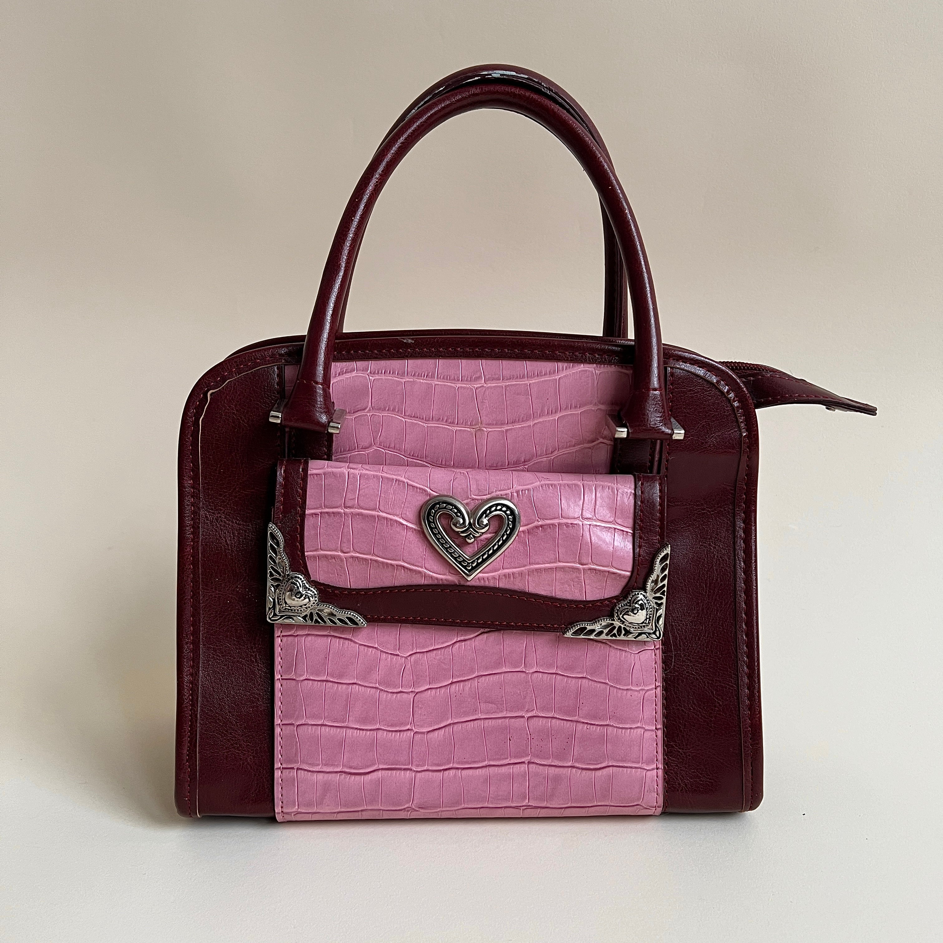 Merlot & pink pleather + silver heart purse