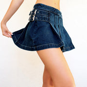 Pleated Denim Buckle Mini Skirt