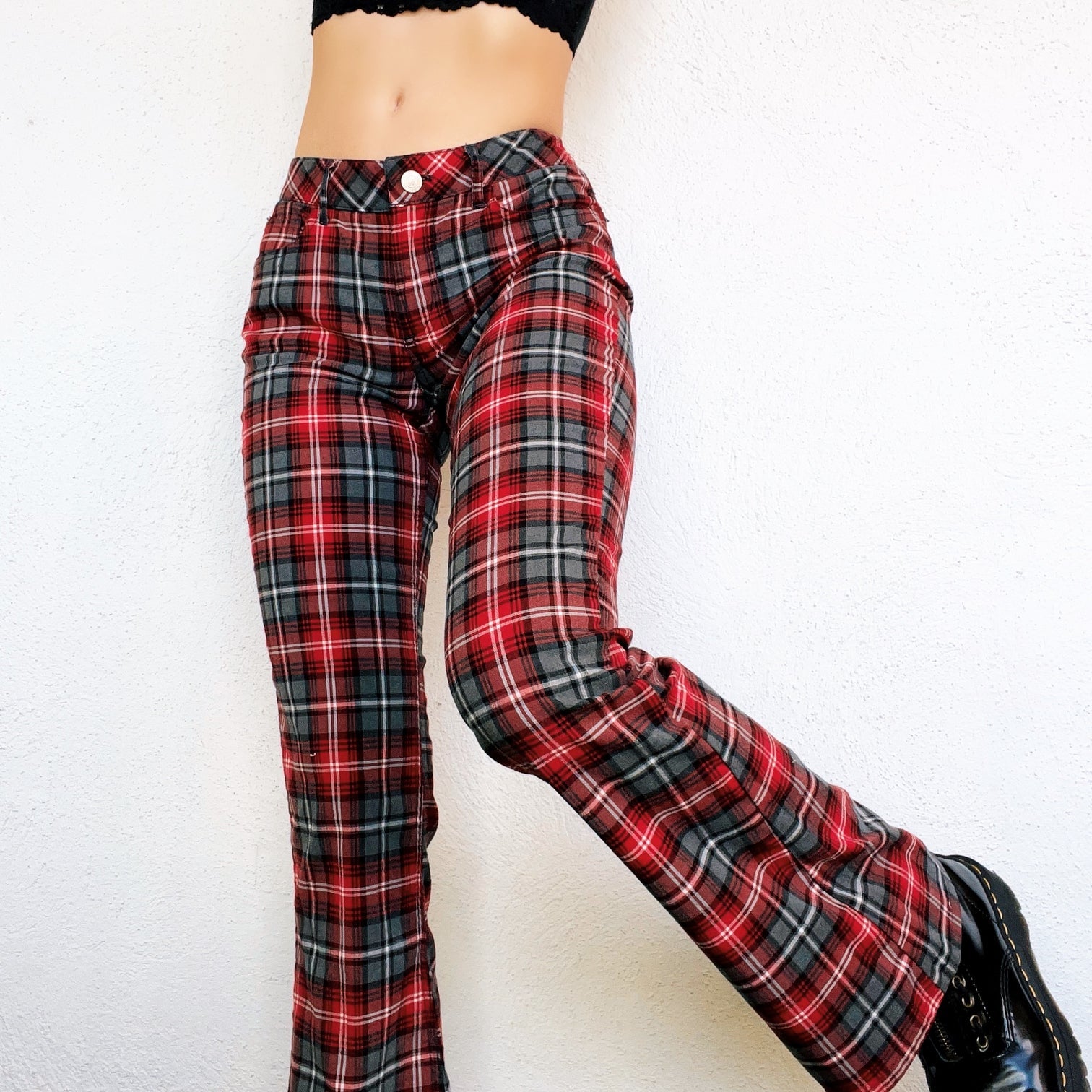 Vintage Red Plaid Flare Pants