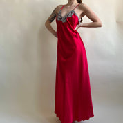 Red satin & grey lace trim maxi slip (XL)