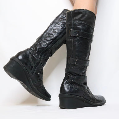 Italian Vintage 90s Black Leather Heeled Knee High Boots - Imber Vintage