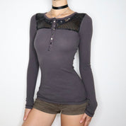 Y2K Gray Long Sleeve Henley Tee (XS)
