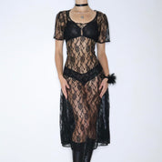 80s Whimsigoth Sheer Black Lace Dress (L)