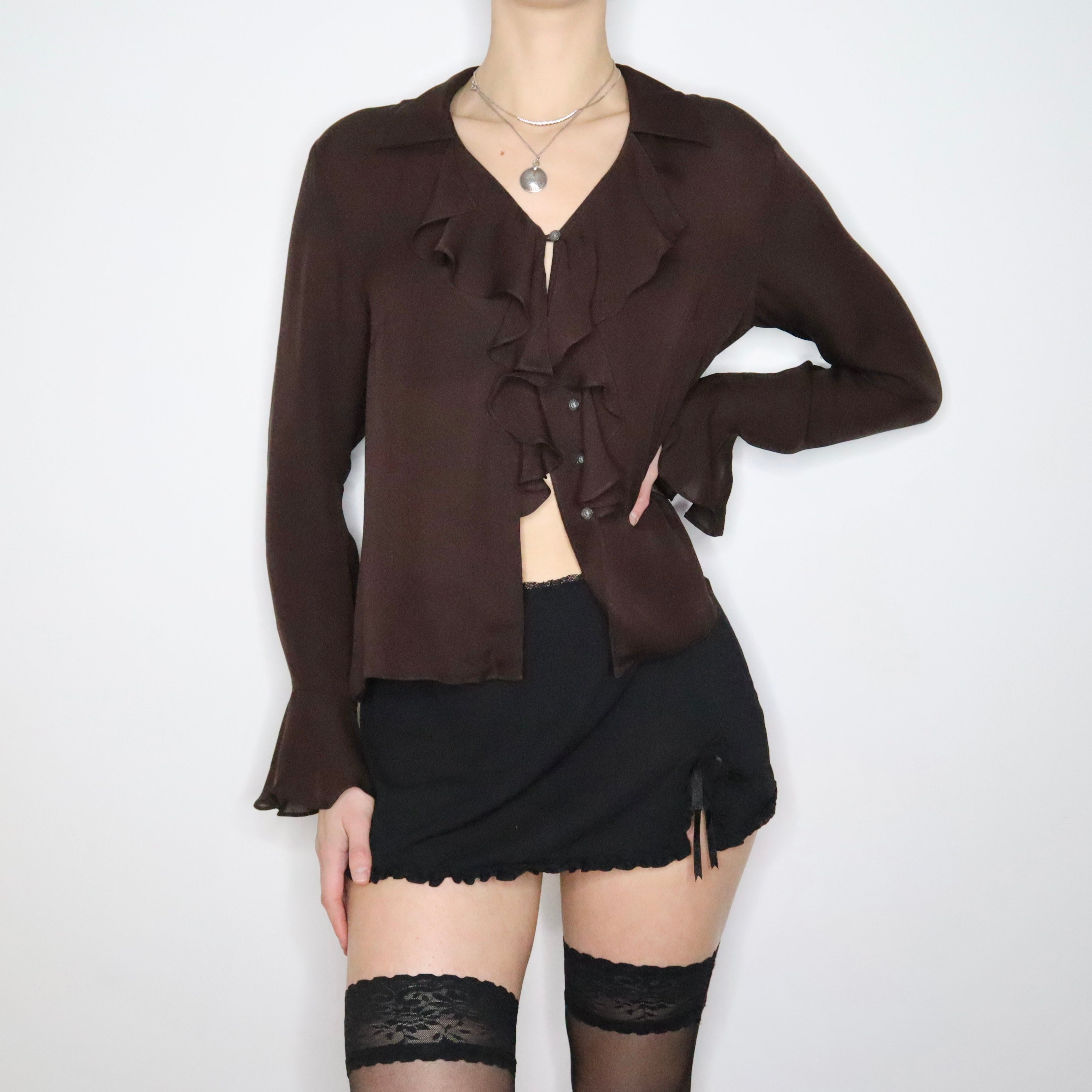 90s RALPH LAUREN Brown Silk Chiffon Ruffle Blouse (M/L)