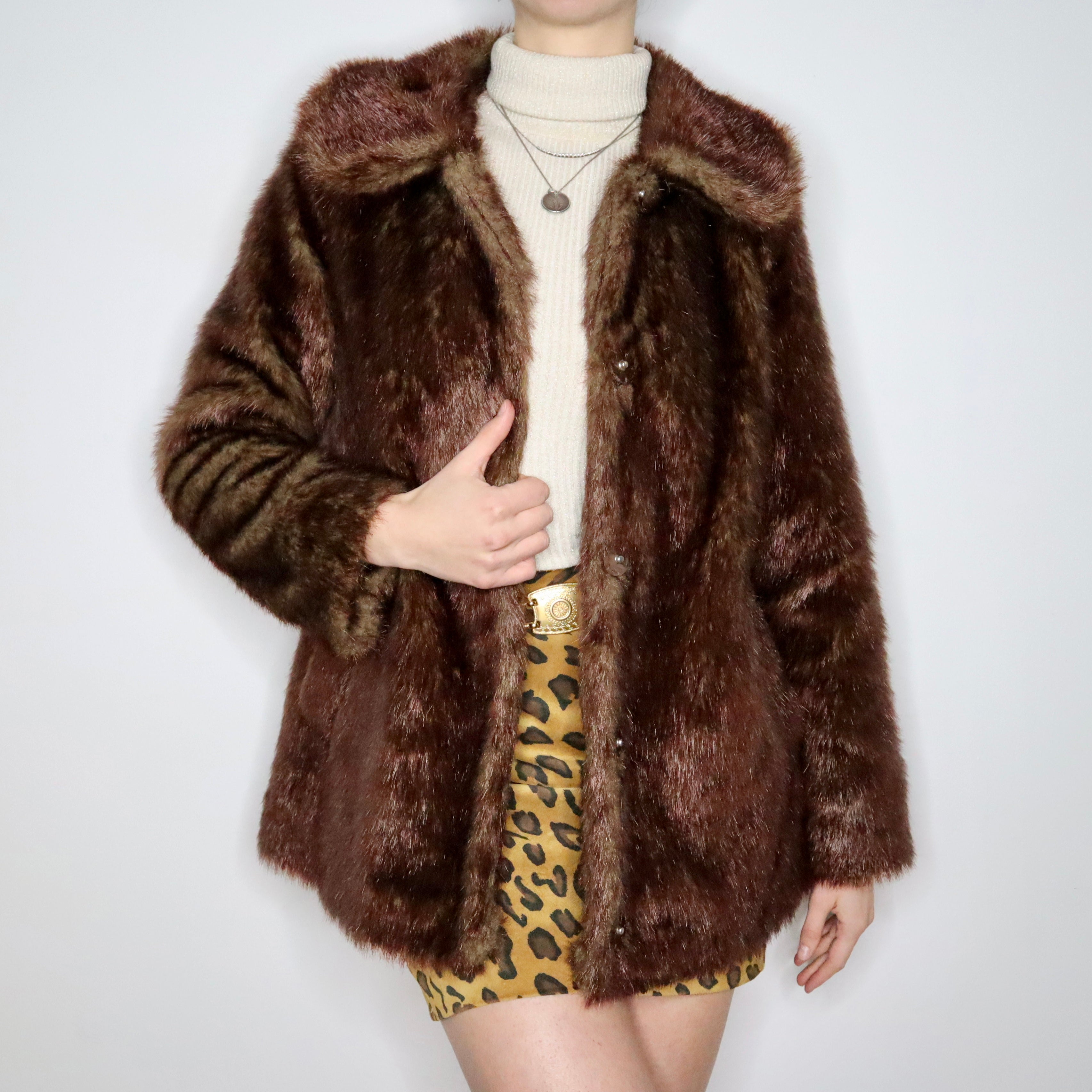 Y2K Brown Faux Fur Coat (M)