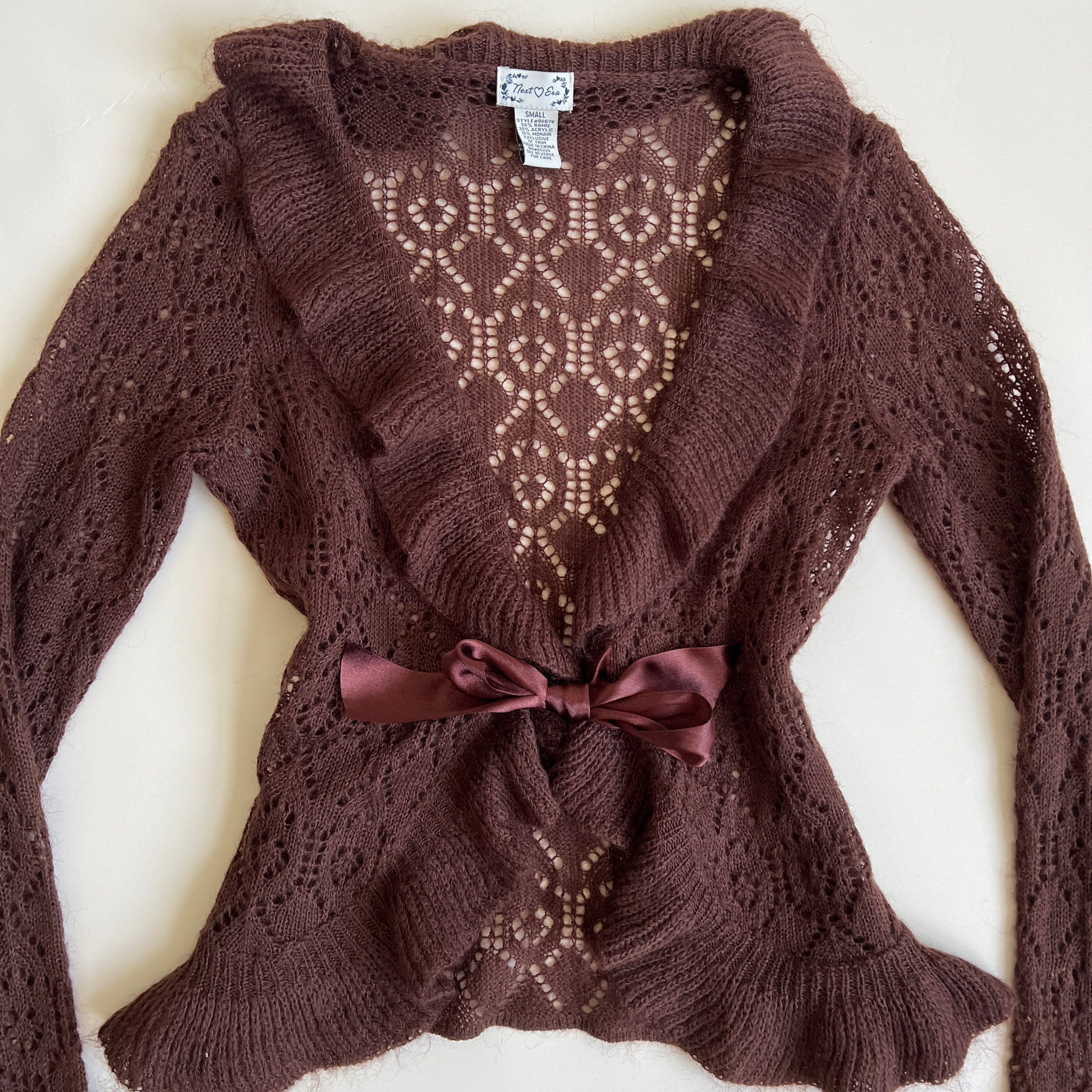 Y2K brown lace knit cardigan - S/M