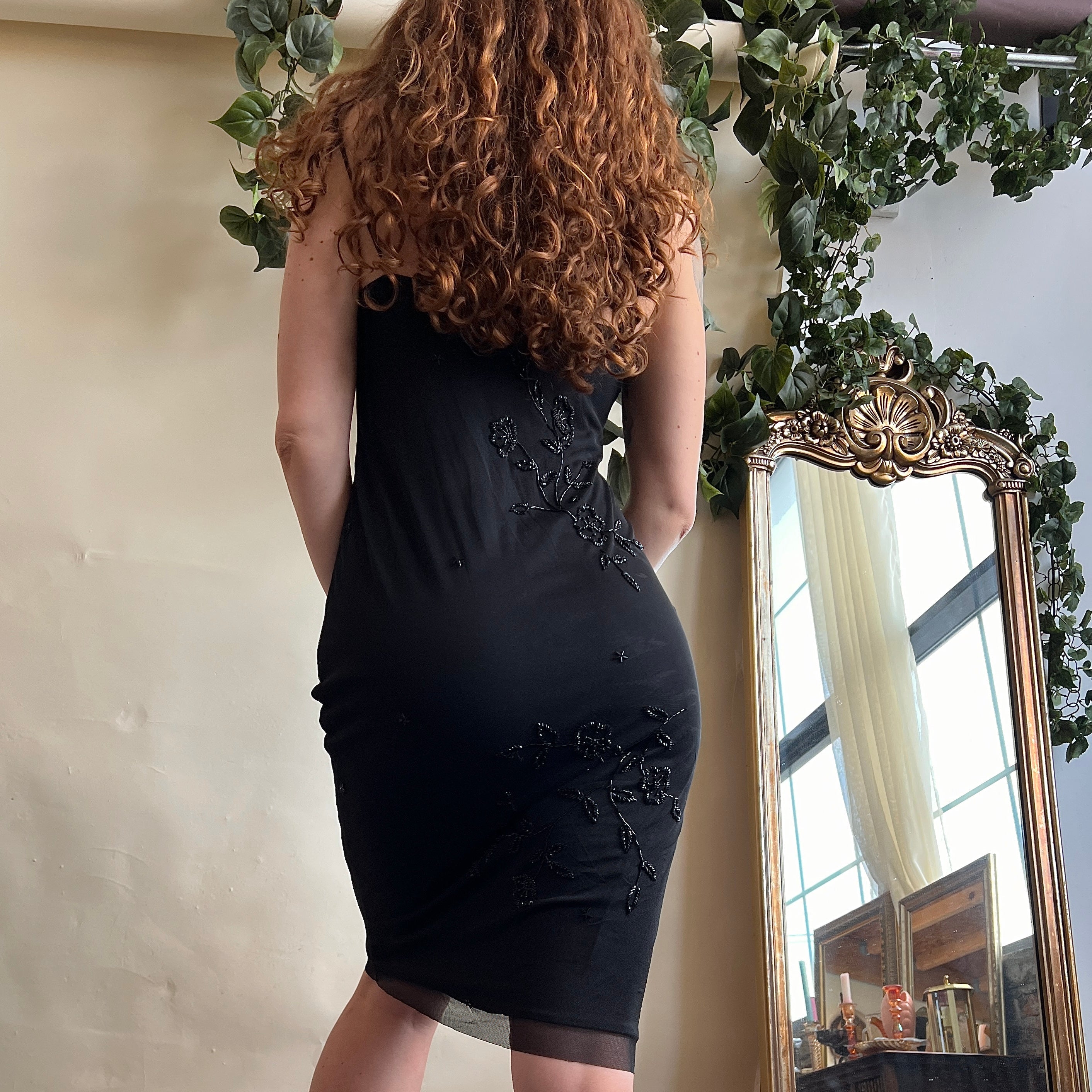 00s black beaded mesh midi dress (M) – Holy Thrift