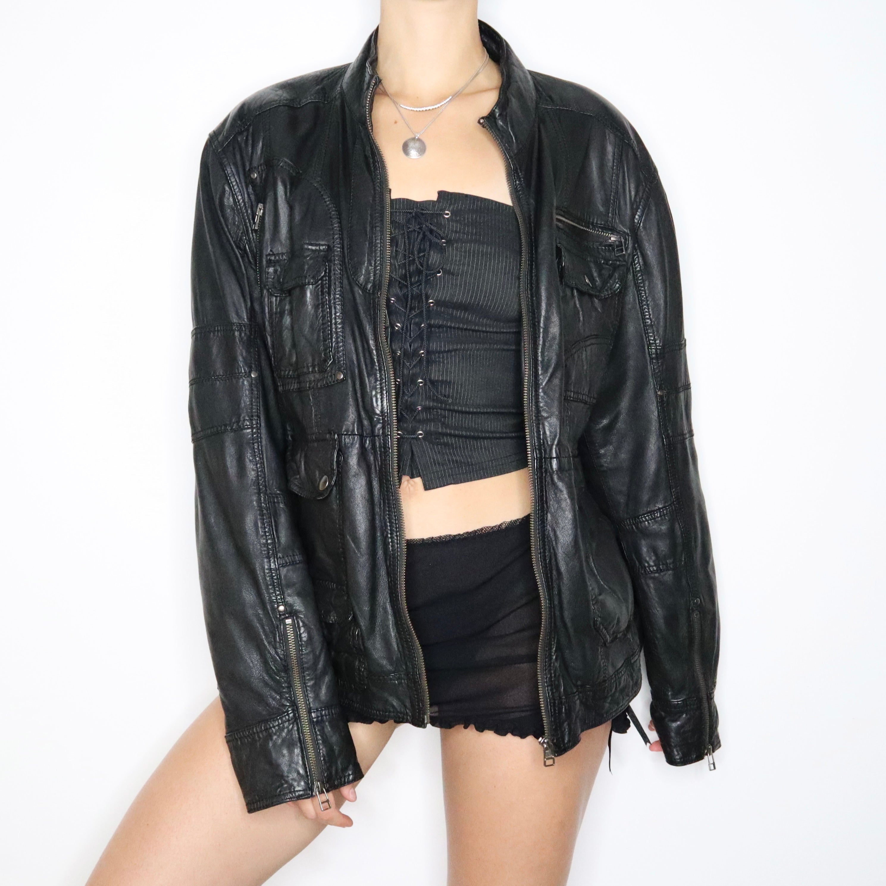 90s Oversized Black Leather Racer Jacket (L)