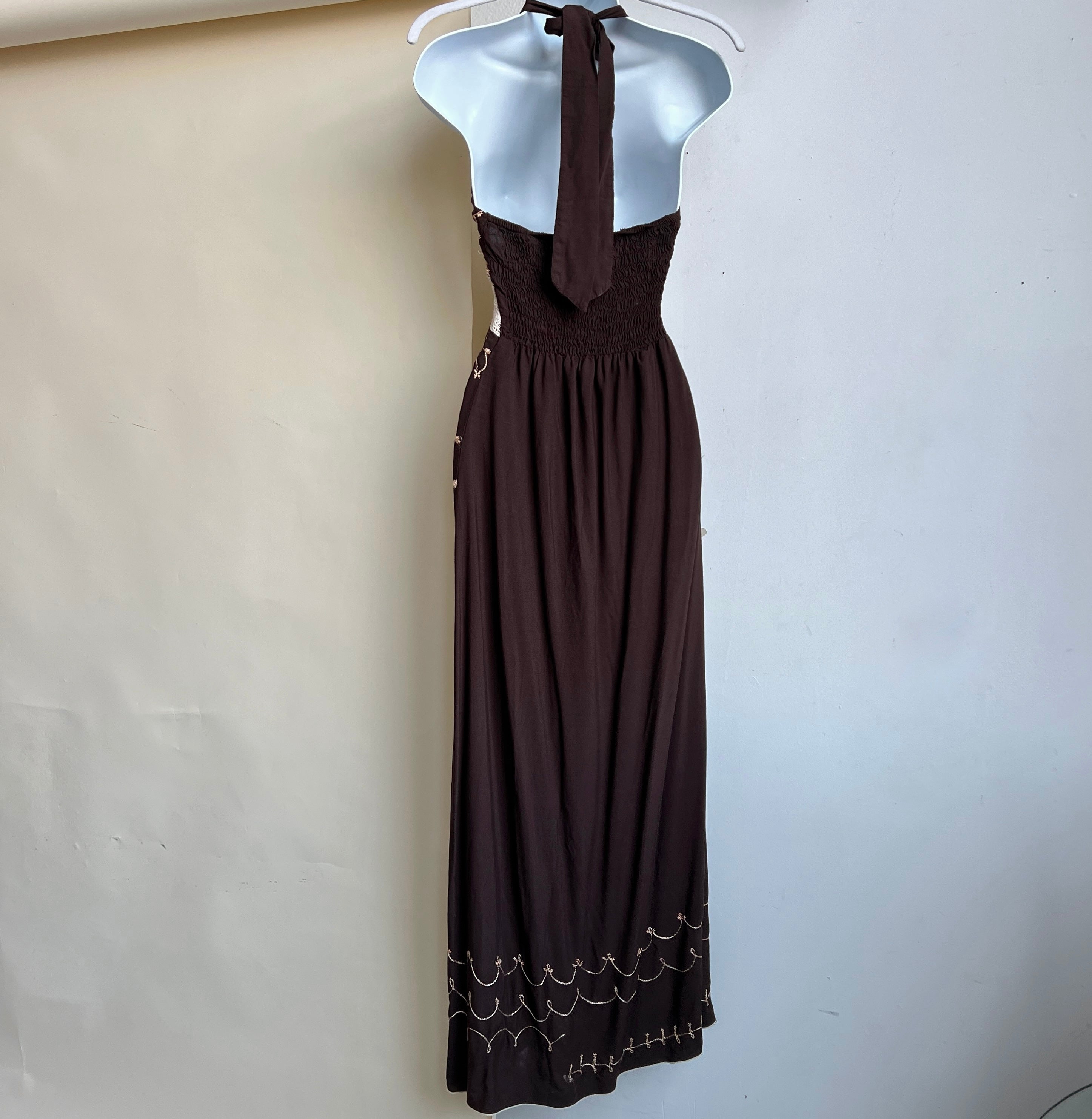 Brown embroidered crochet halter maxi (S/M)