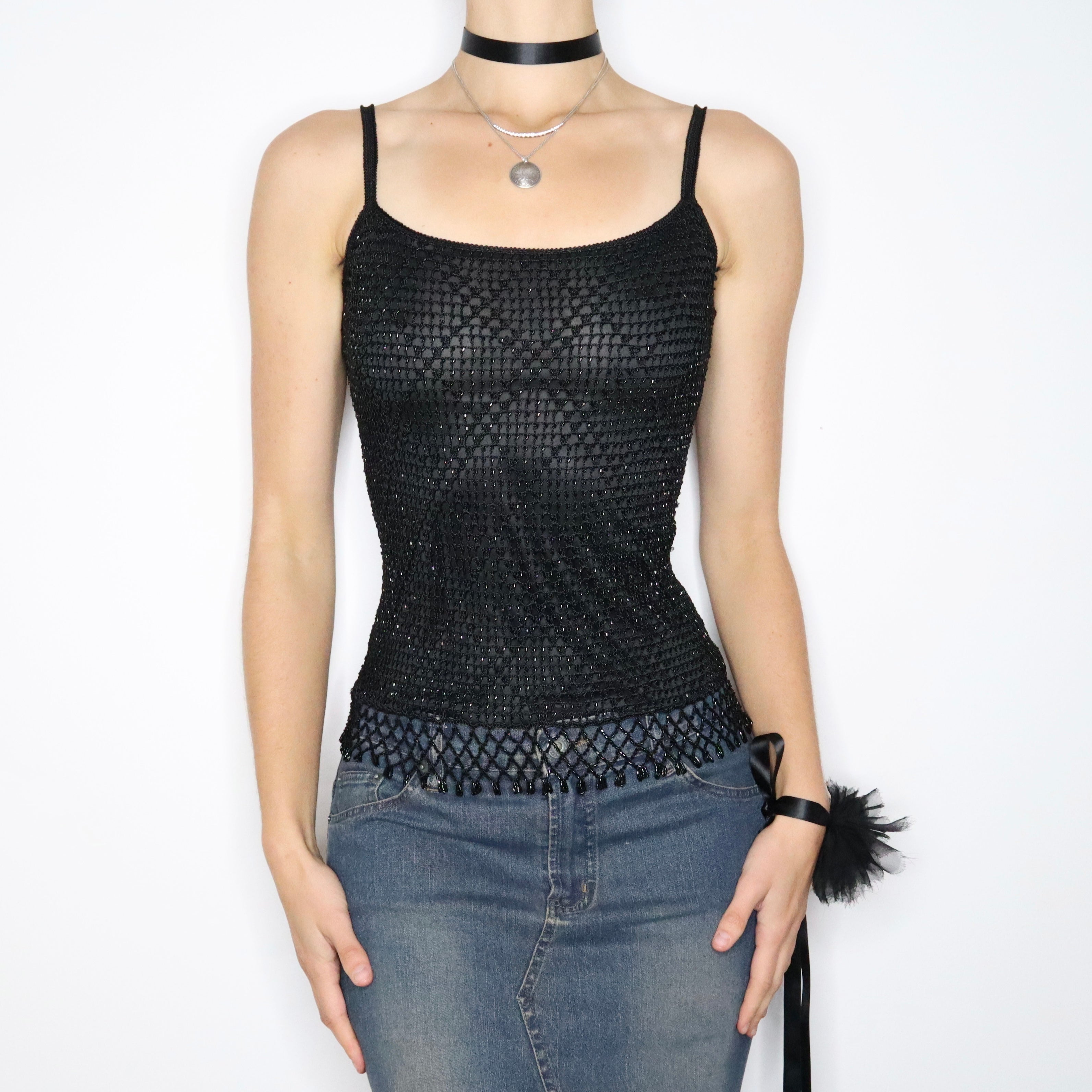 90s Black Beaded Crochet Camisole (S)