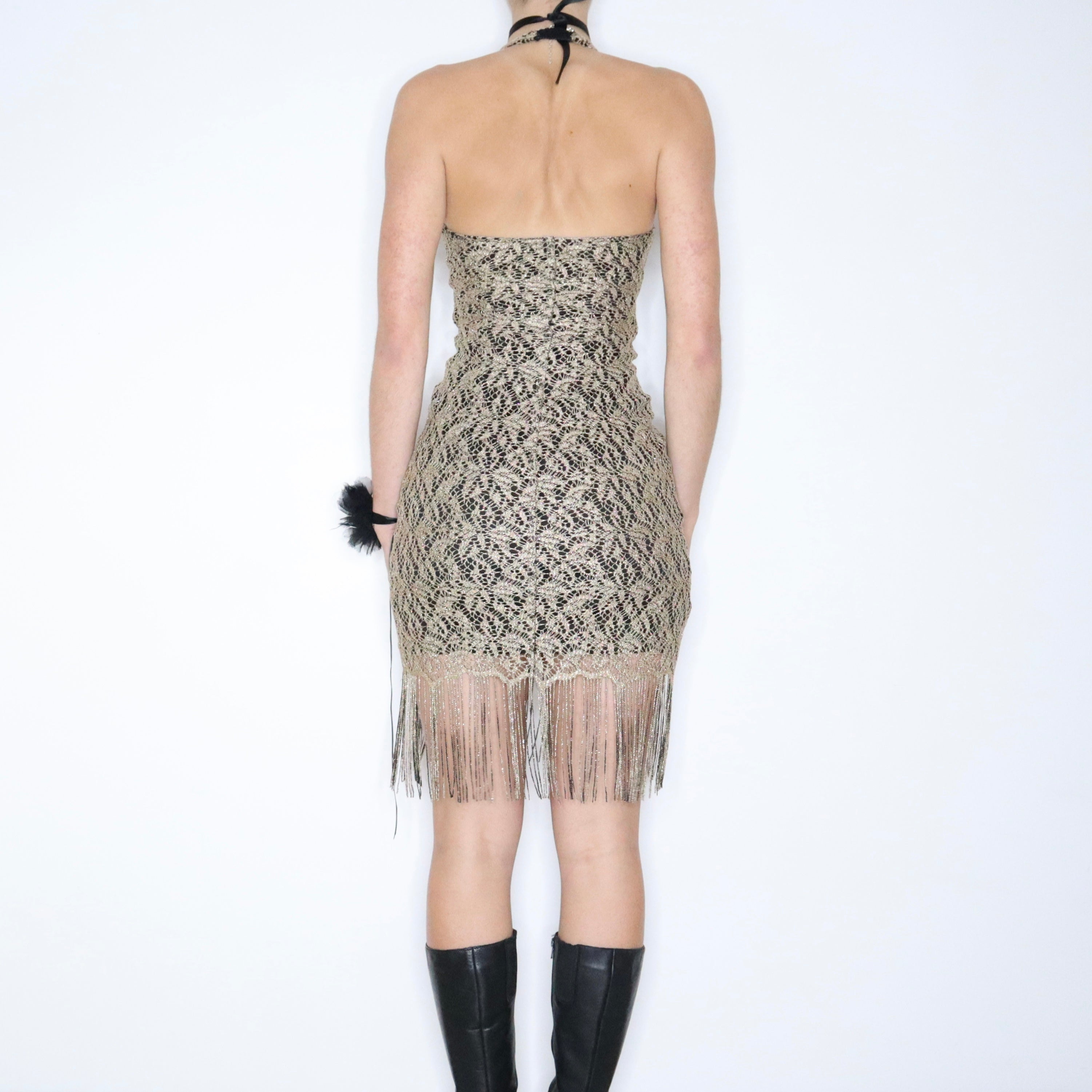 90s Gold Crochet Fringe Dress (S)