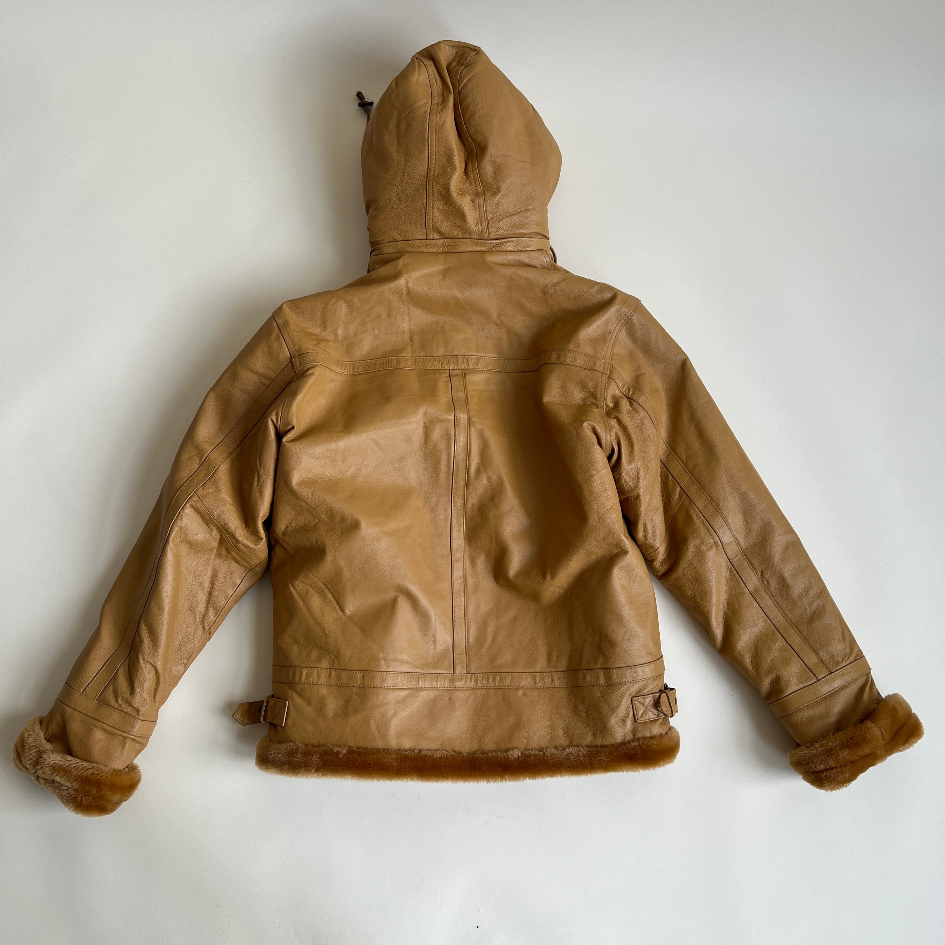 Chunky caramel leather & faux fur Sherpa bomber (M)