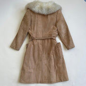 Vintage 70s light fur trim suede coat long - M/L