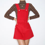70s Red Corduroy Overall Dress (M)