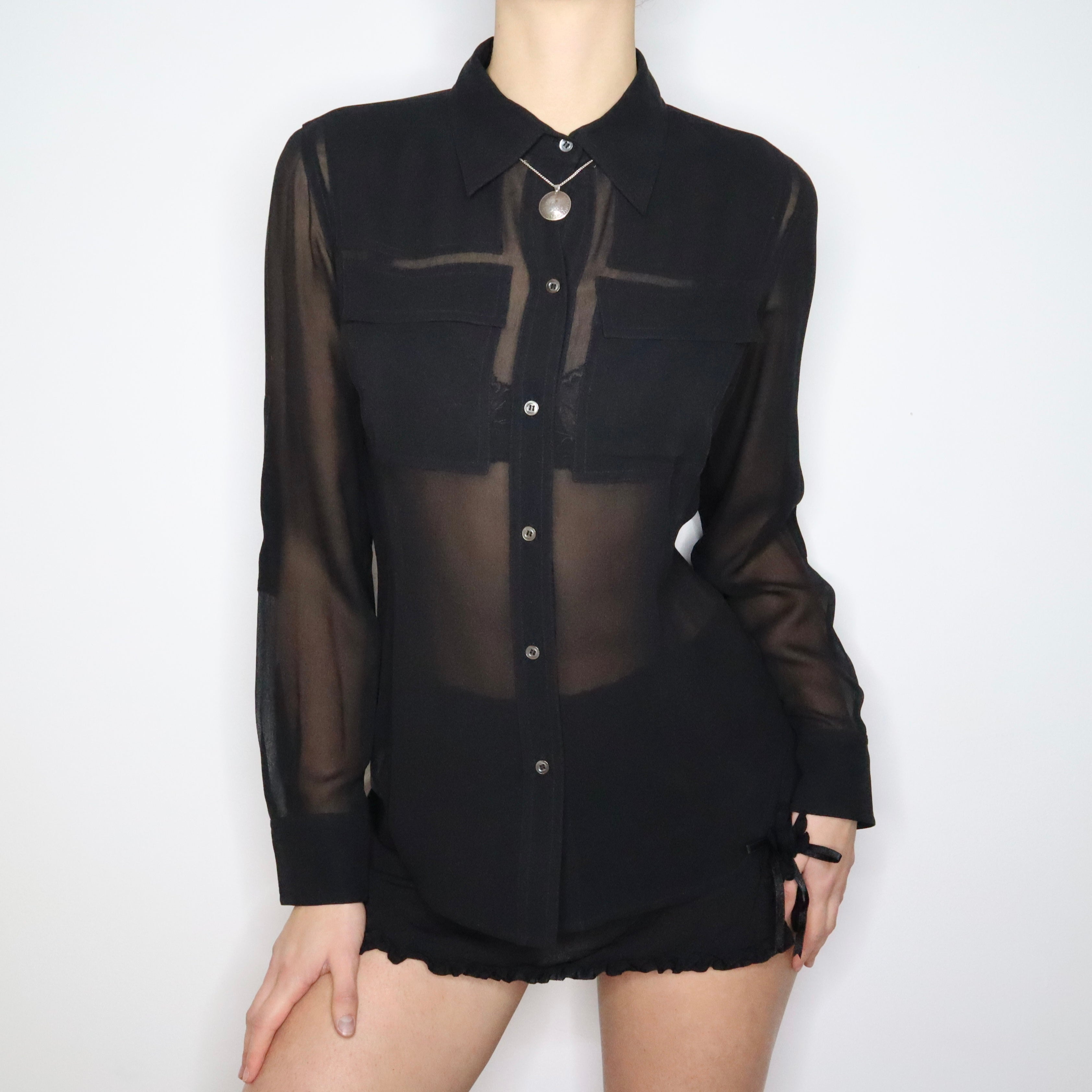 90s Black Silk Chiffon Blouse (M)