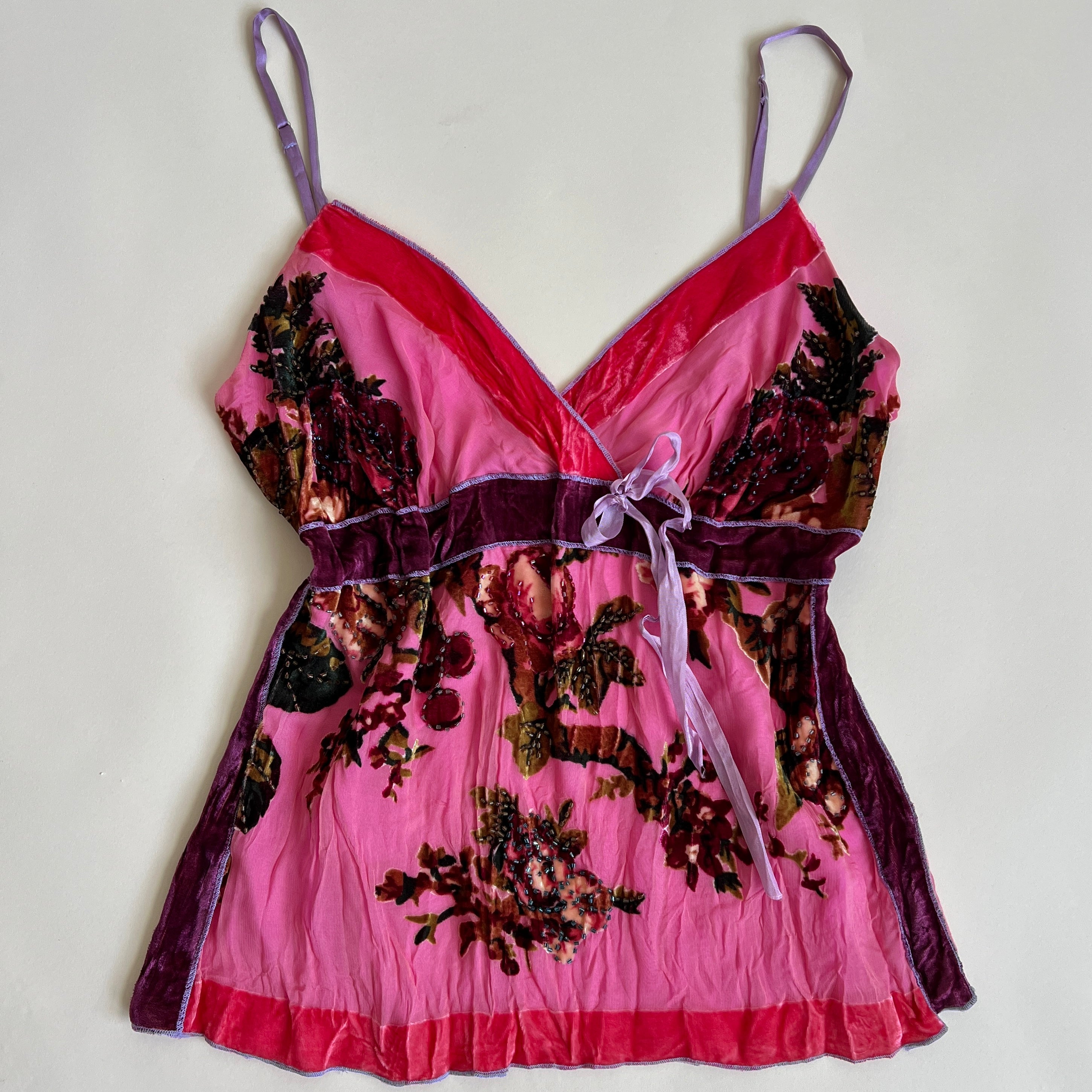 Pink floral velvet beaded cami (L)