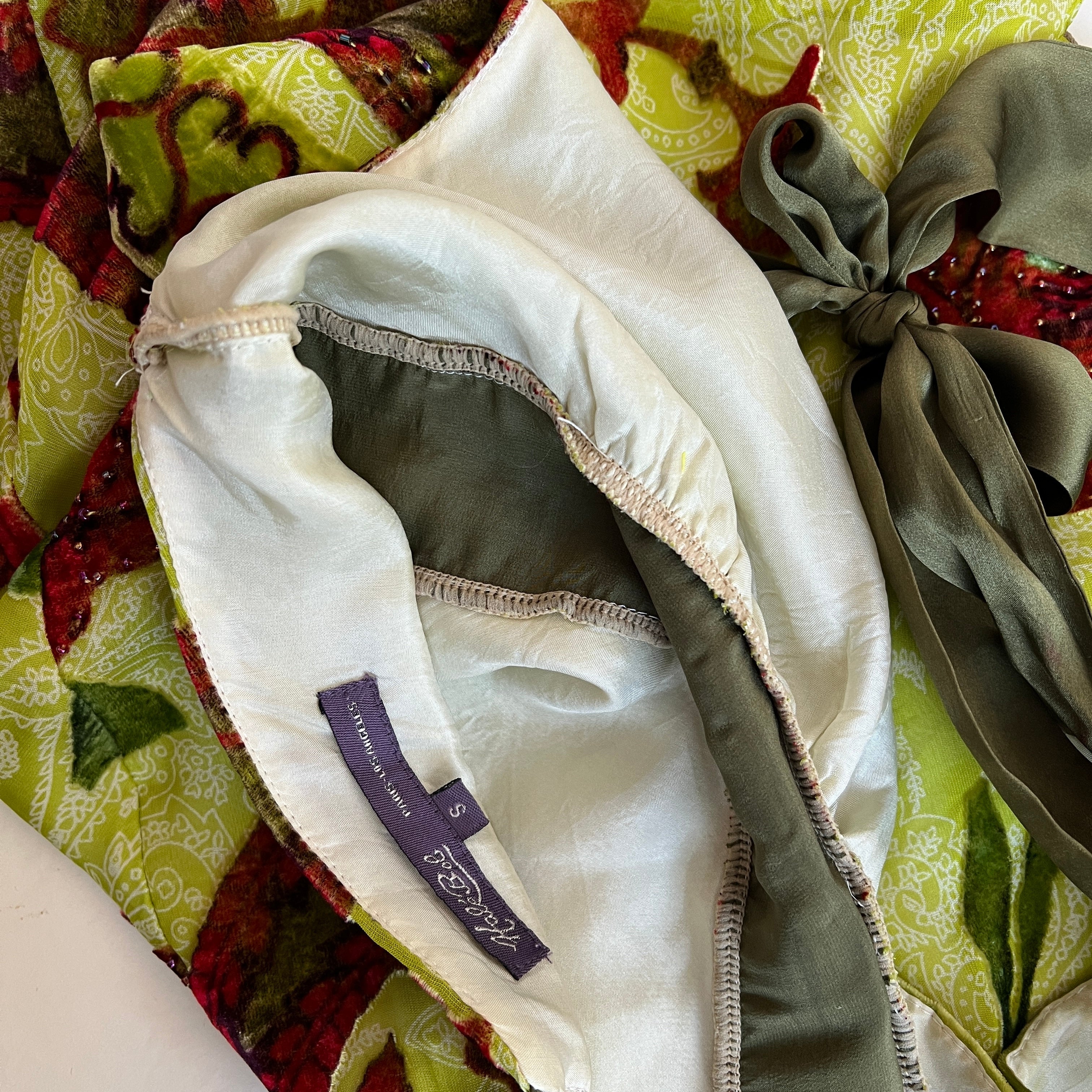 Green floral velvet beaded halter top (L)