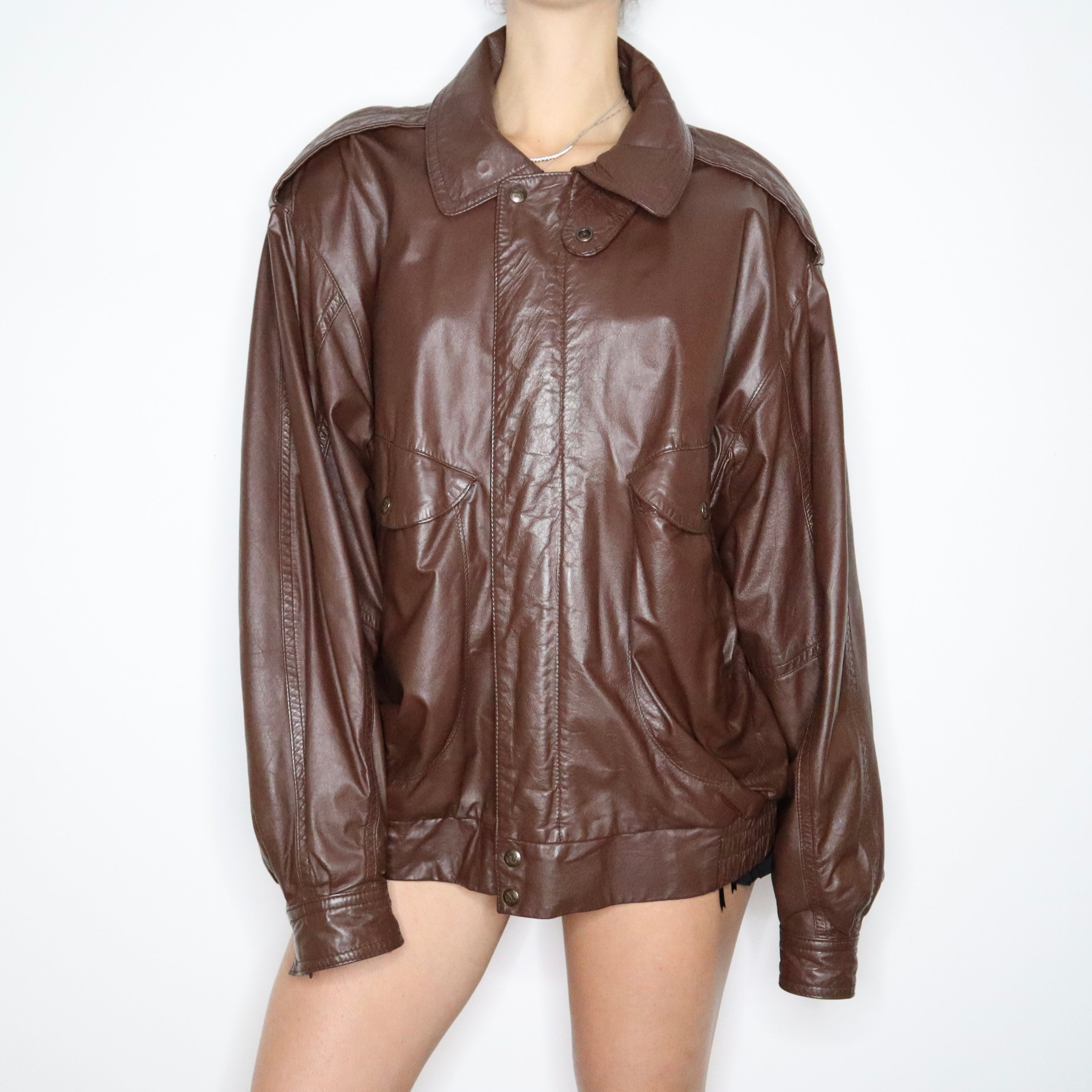 80s Oversized Brown Leather Bomber Jacket (XL/XXL) – Holy Thrift