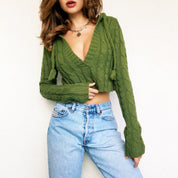 Green Cropped Knit Hoodie