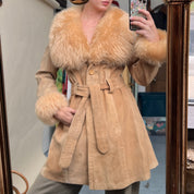 Vintage belted suede & faux fur trim coat - S/M
