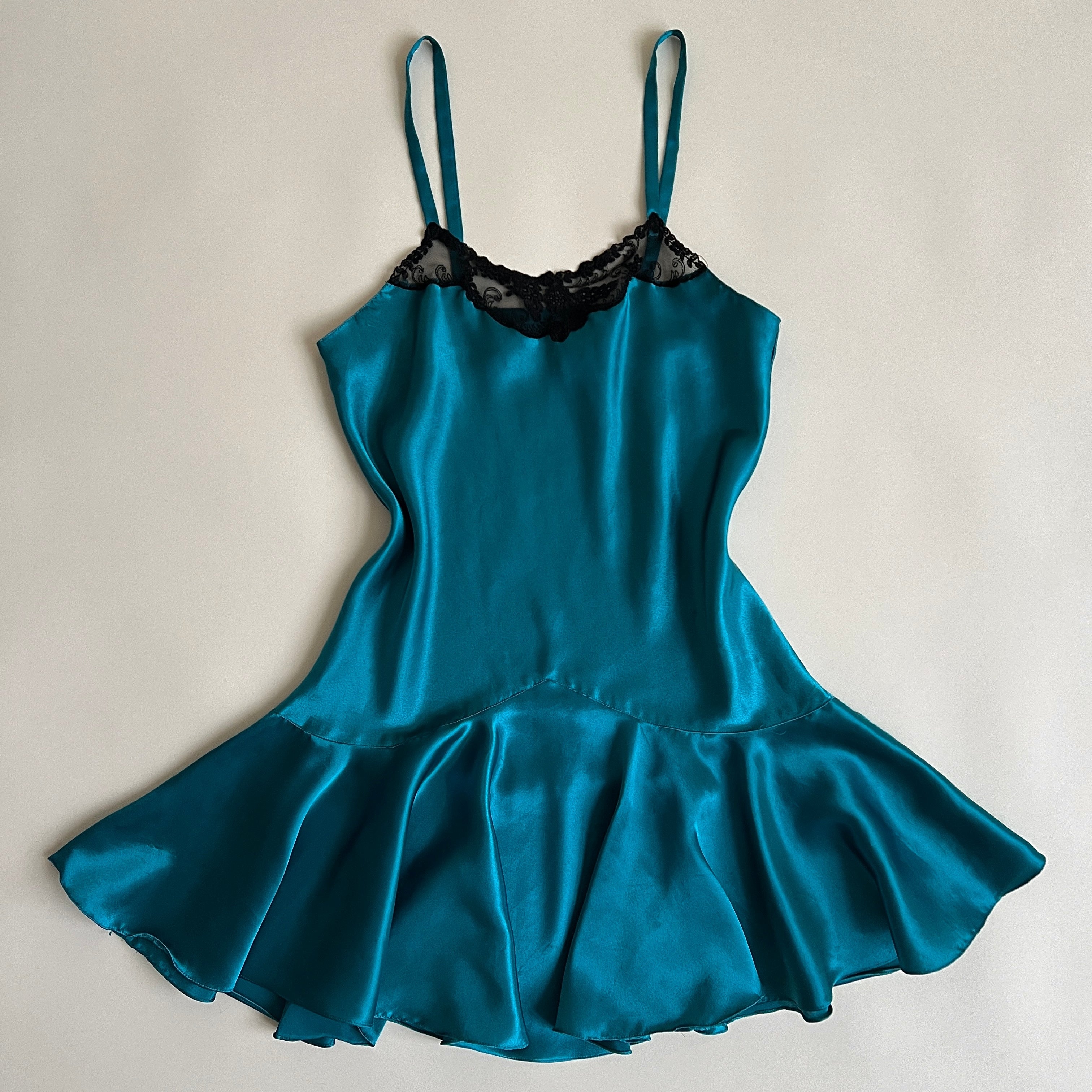 90s teal satin mini slip (M/L)