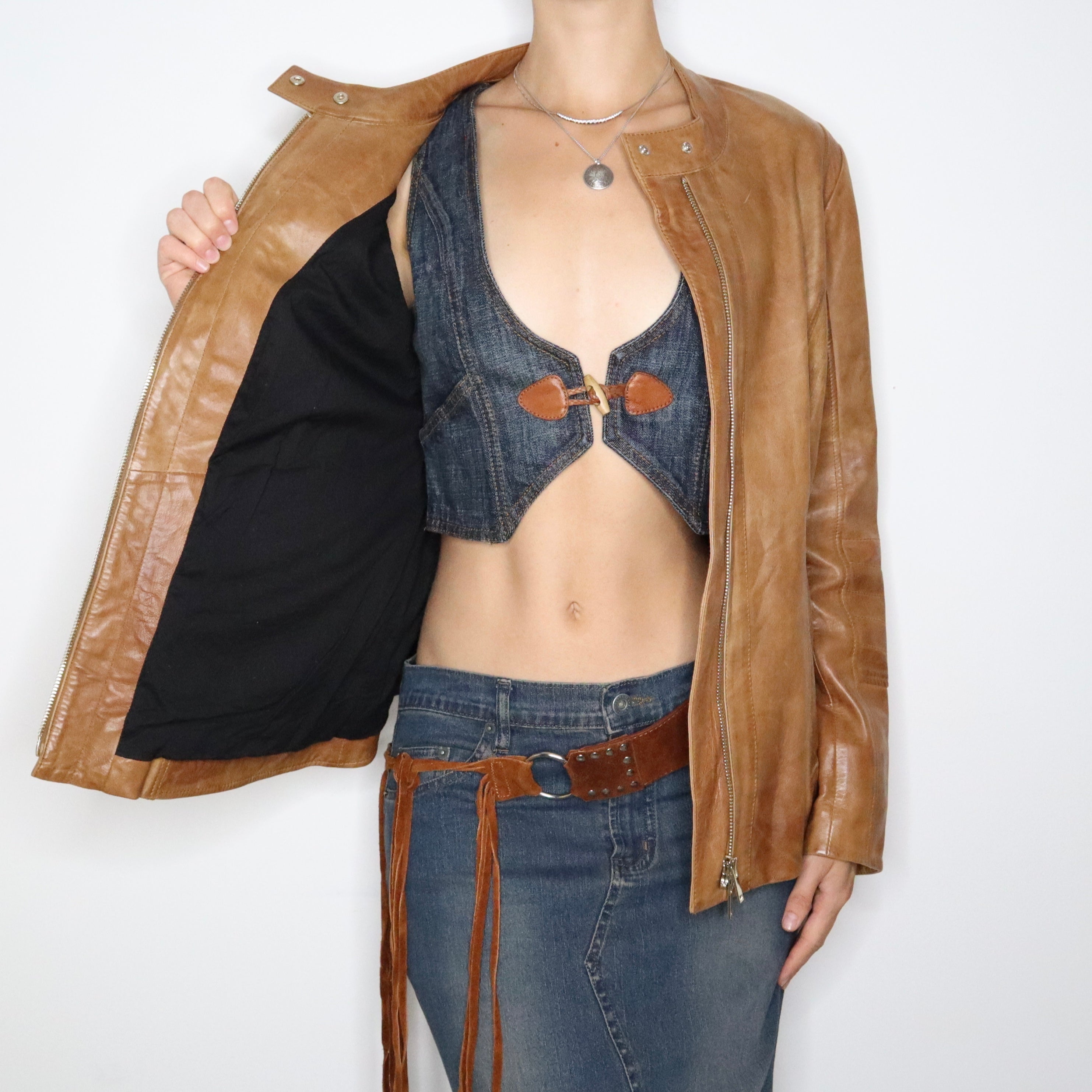 Y2K Brown Leather Moto Jacket (L)