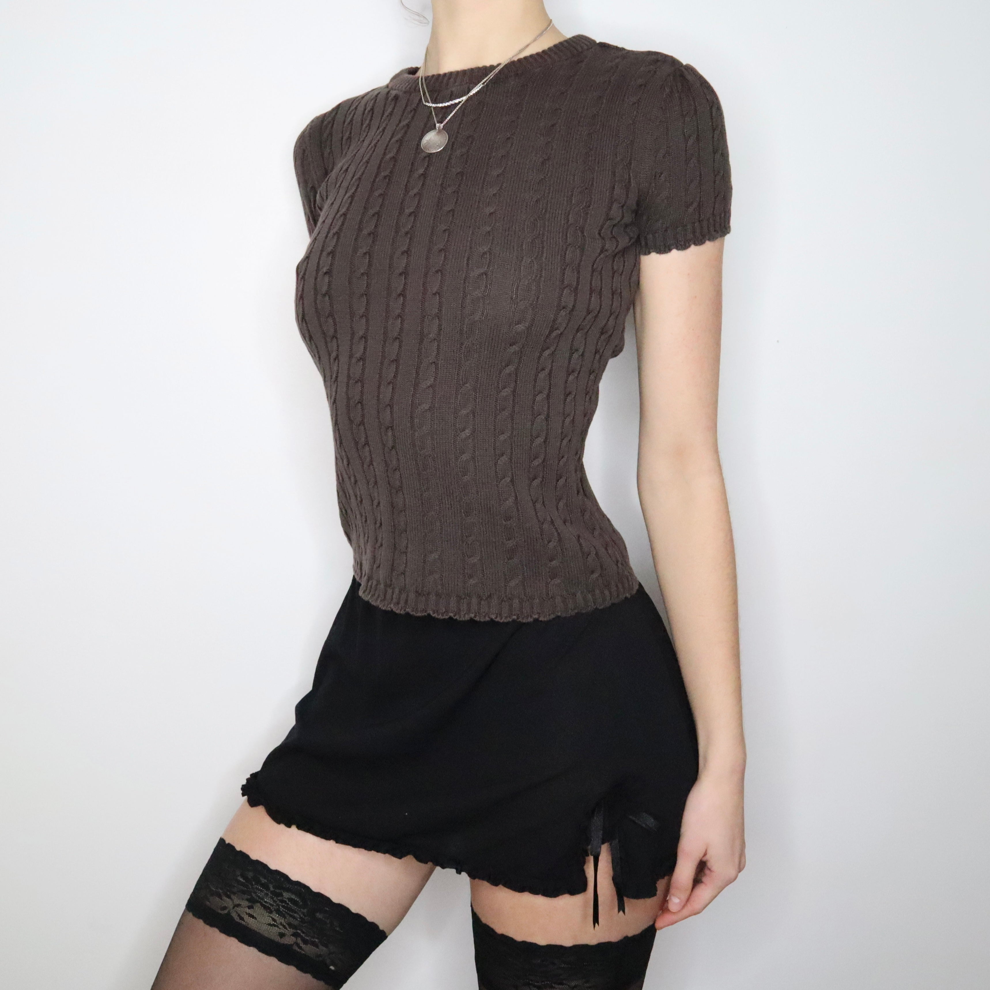 Y2K ESPRIT Brown Cotton Cable Knit Top (S)
