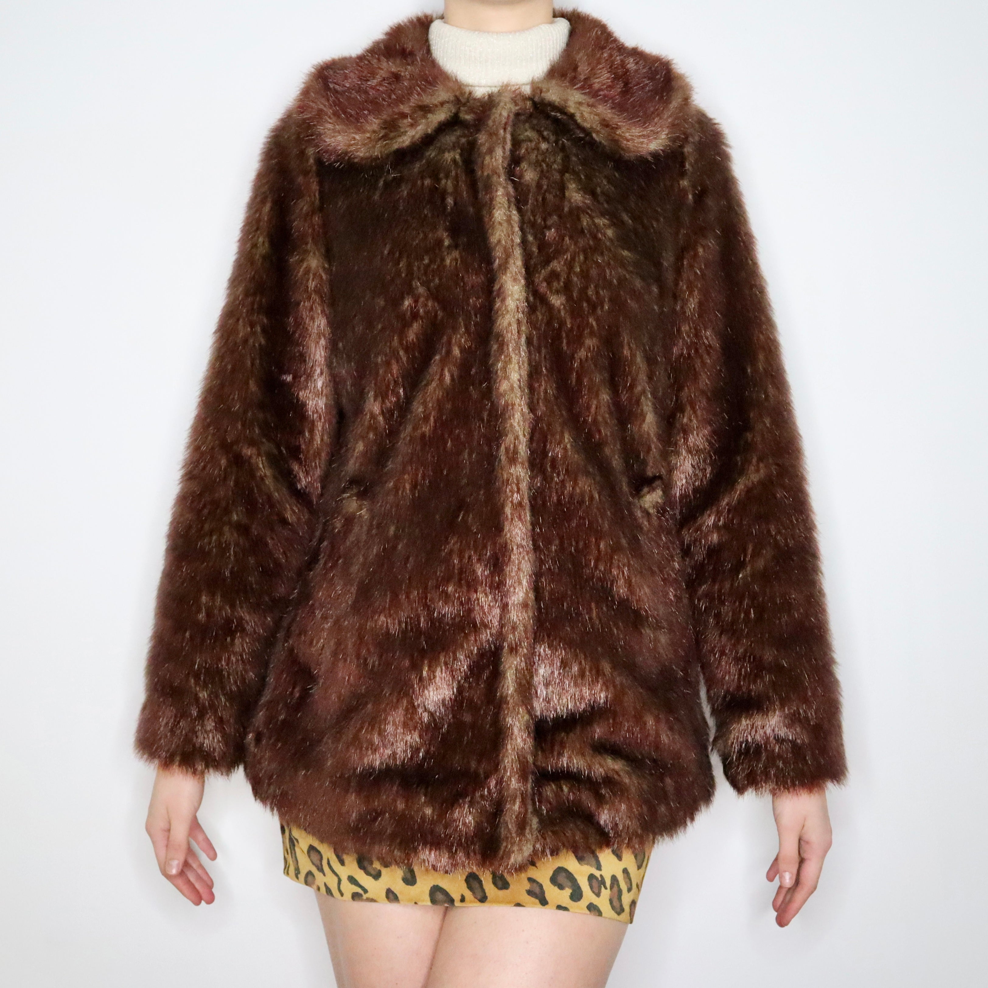 Y2K Brown Faux Fur Coat (M)