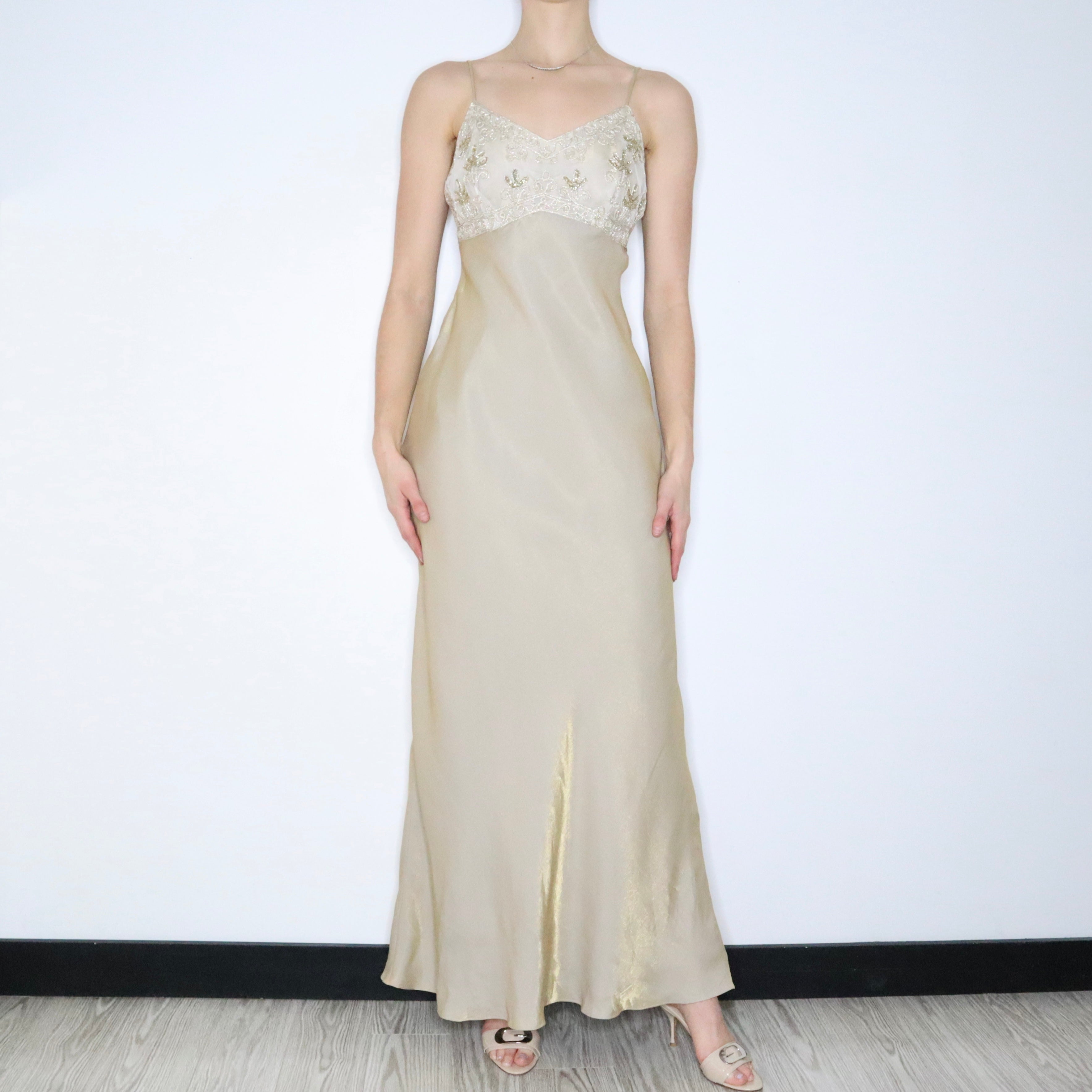 90s Elegant Gold Shimmer Prom Dress (M)