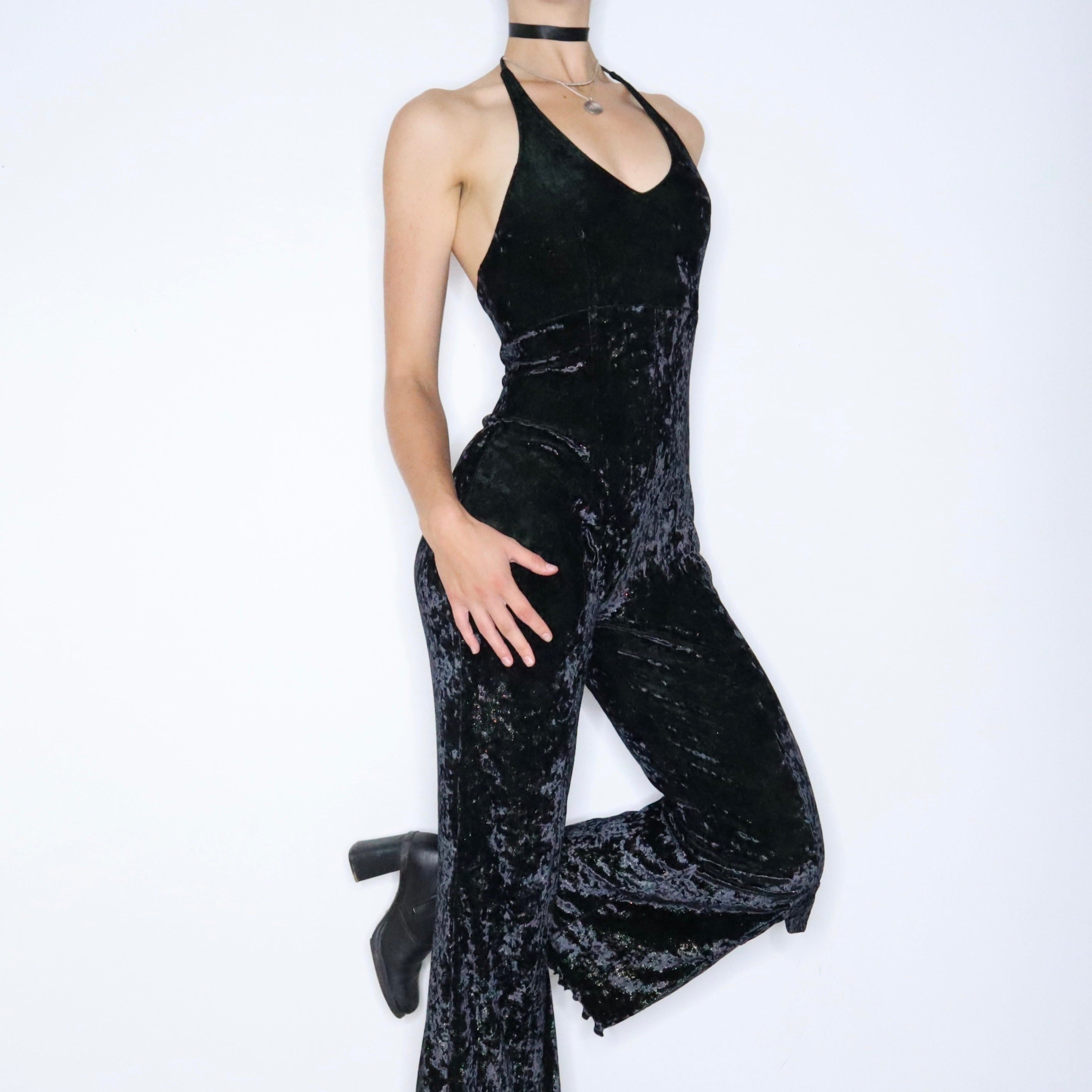 90s Black Velvet Jumpsuit (S)