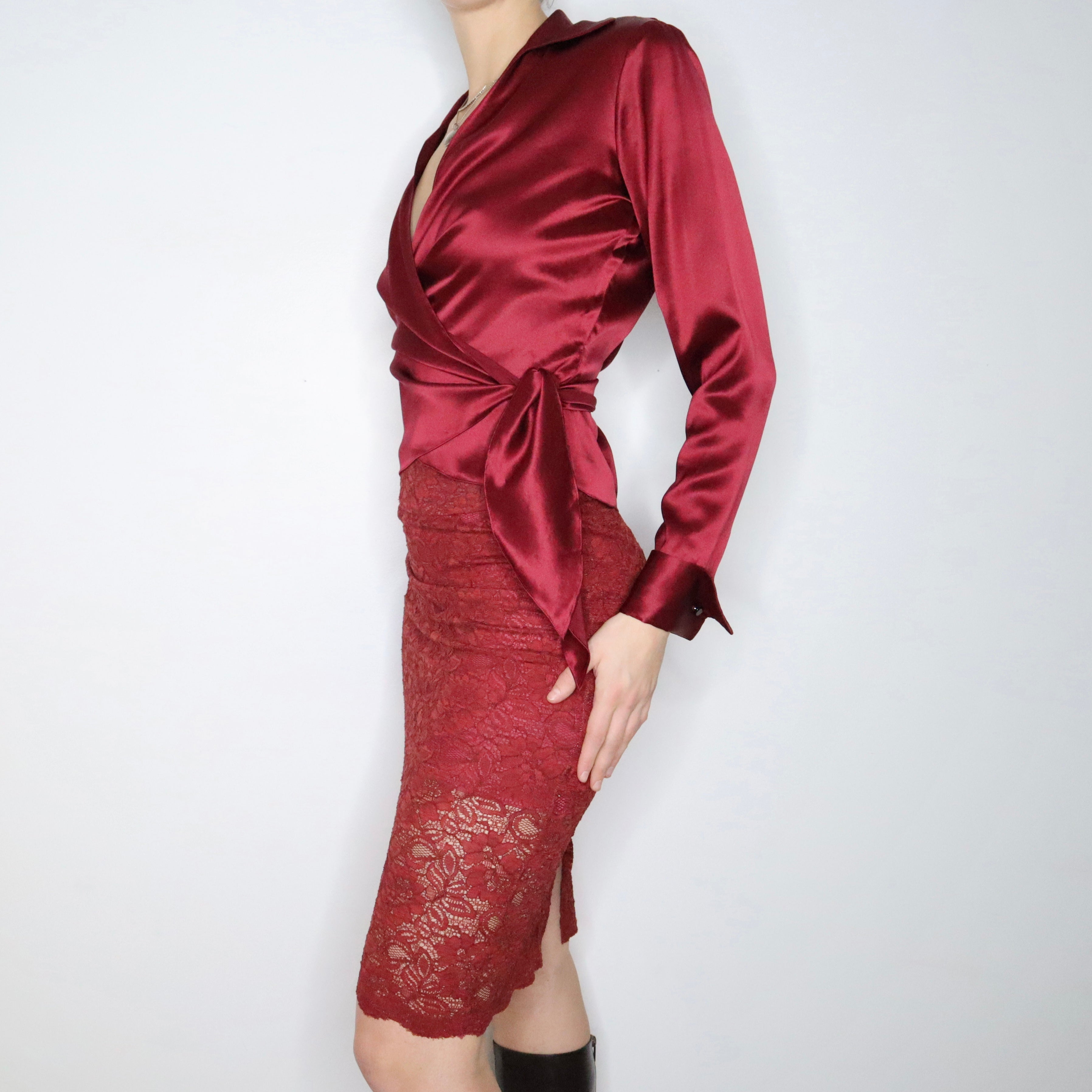 90s RALPH LAUREN Red Silk Wrap Blouse (M)