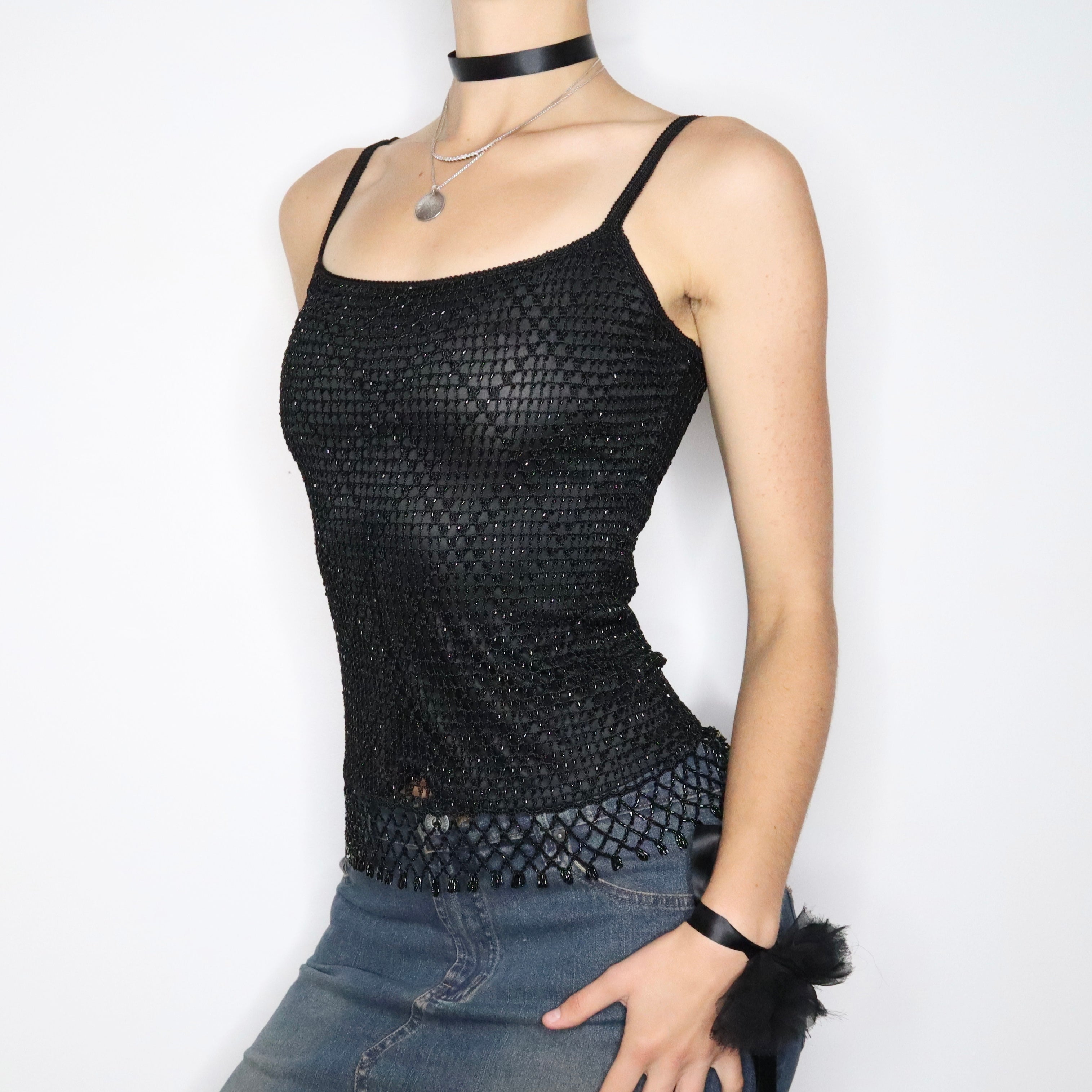 90s Black Beaded Crochet Camisole (S)