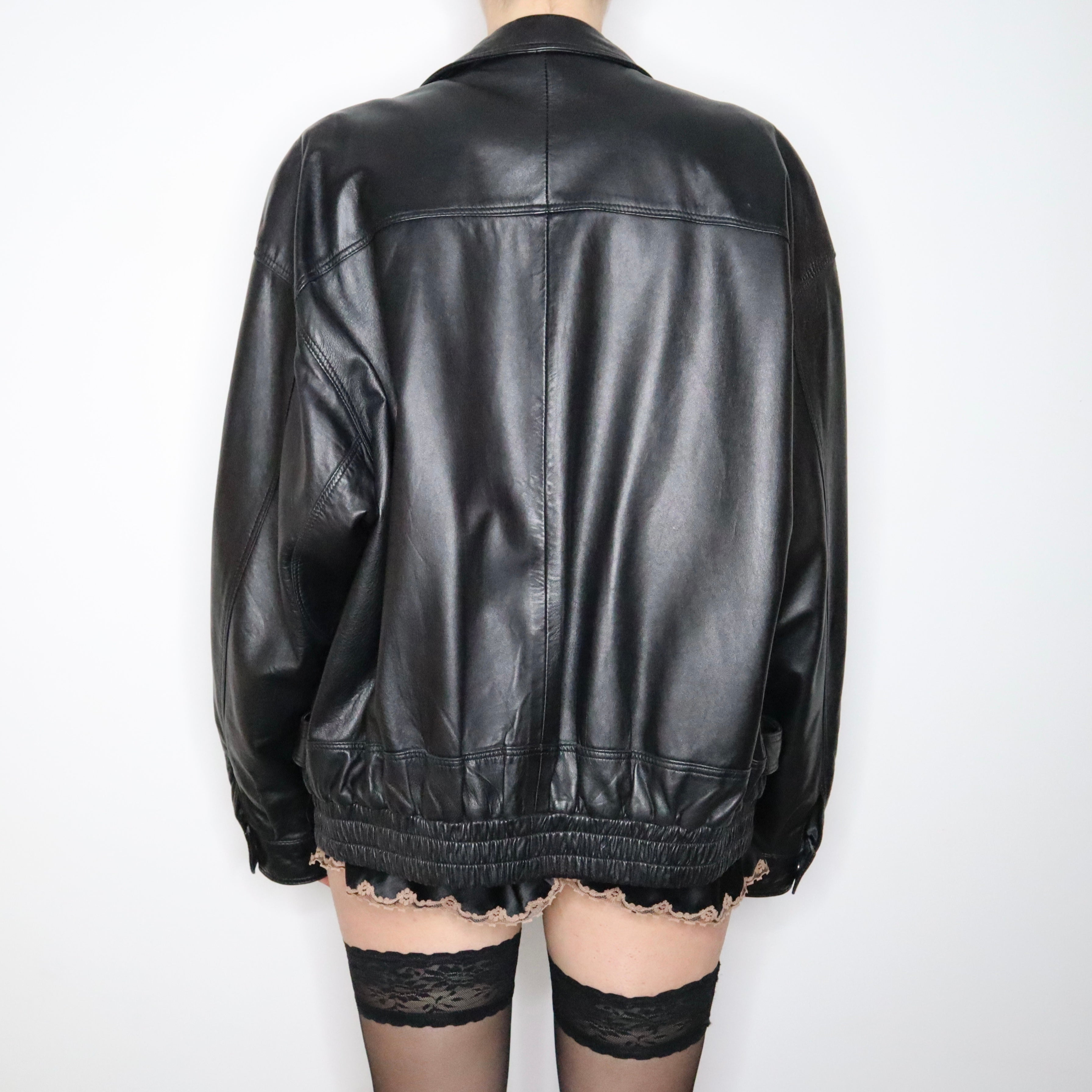 90s Oversized Black Genuine Leather Bomber Jacket (XL)