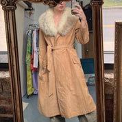 Vintage 70s light fur trim suede coat long - M/L