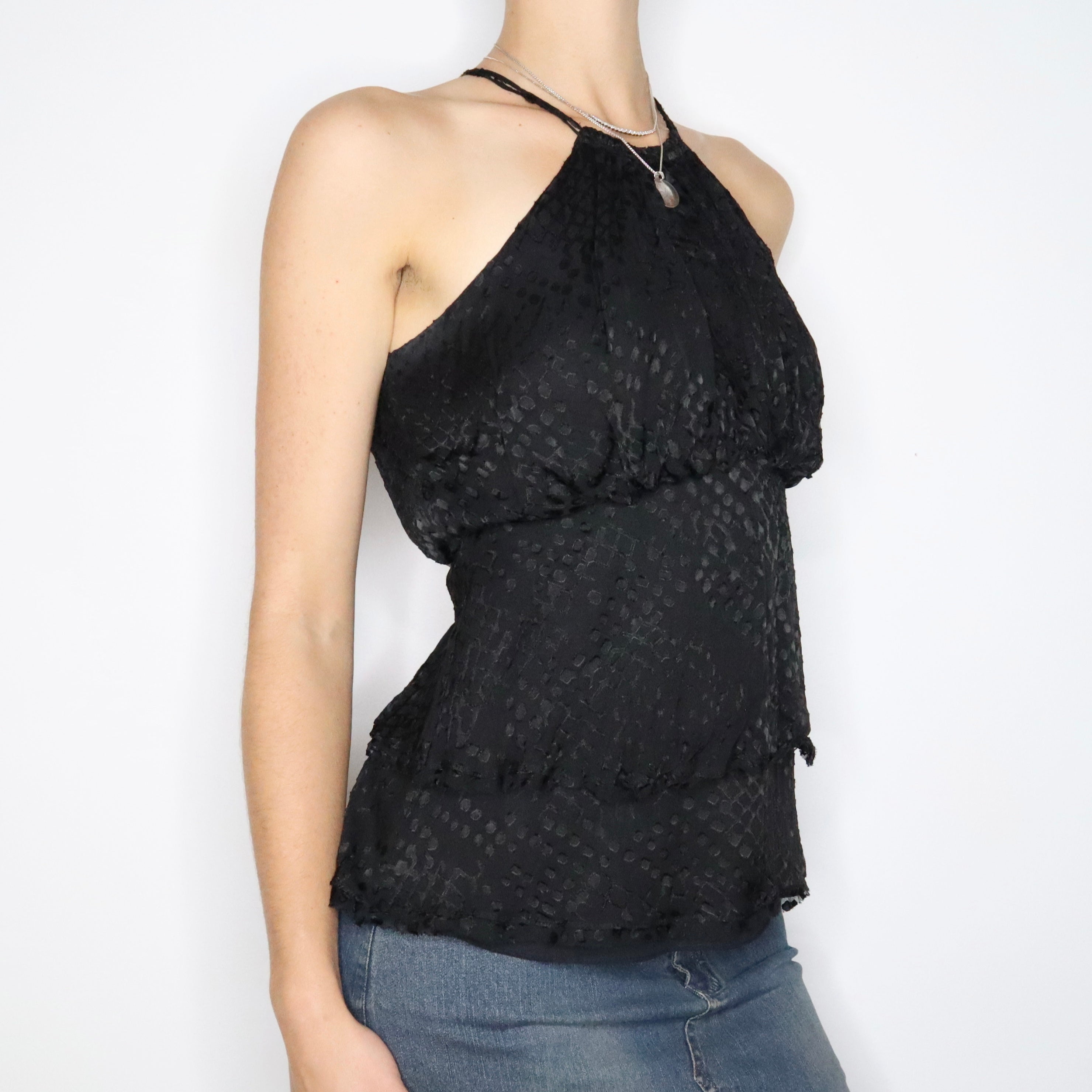 Y2K Black Silk Babydoll Blouse (XS)