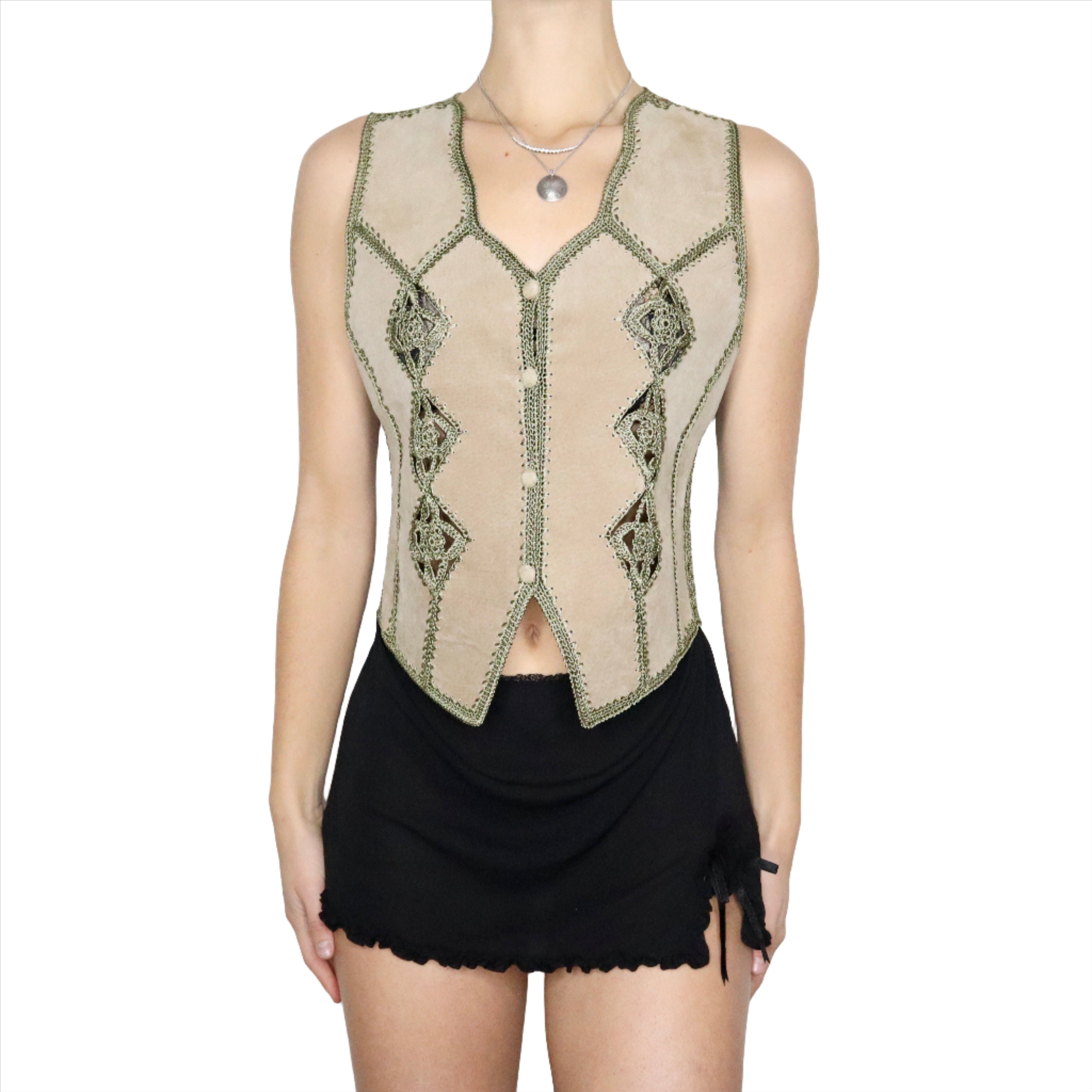 90s Khaki Suede Crochet Vest (M)
