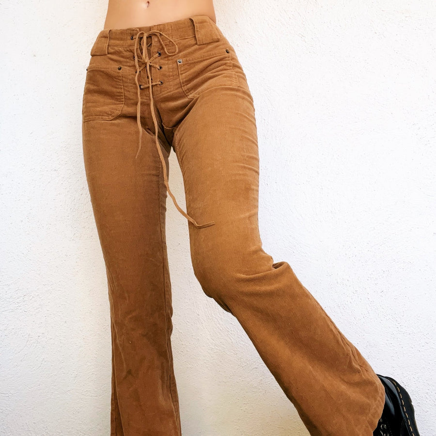 Tan Lace Up Corduroy Flares