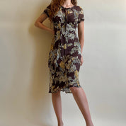 Vintage 90s brown floral midi dress - L